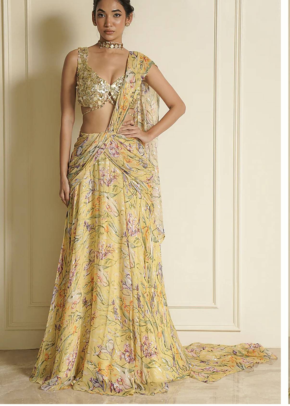 Yellow Floral Pre-Draped Sari Image - 1