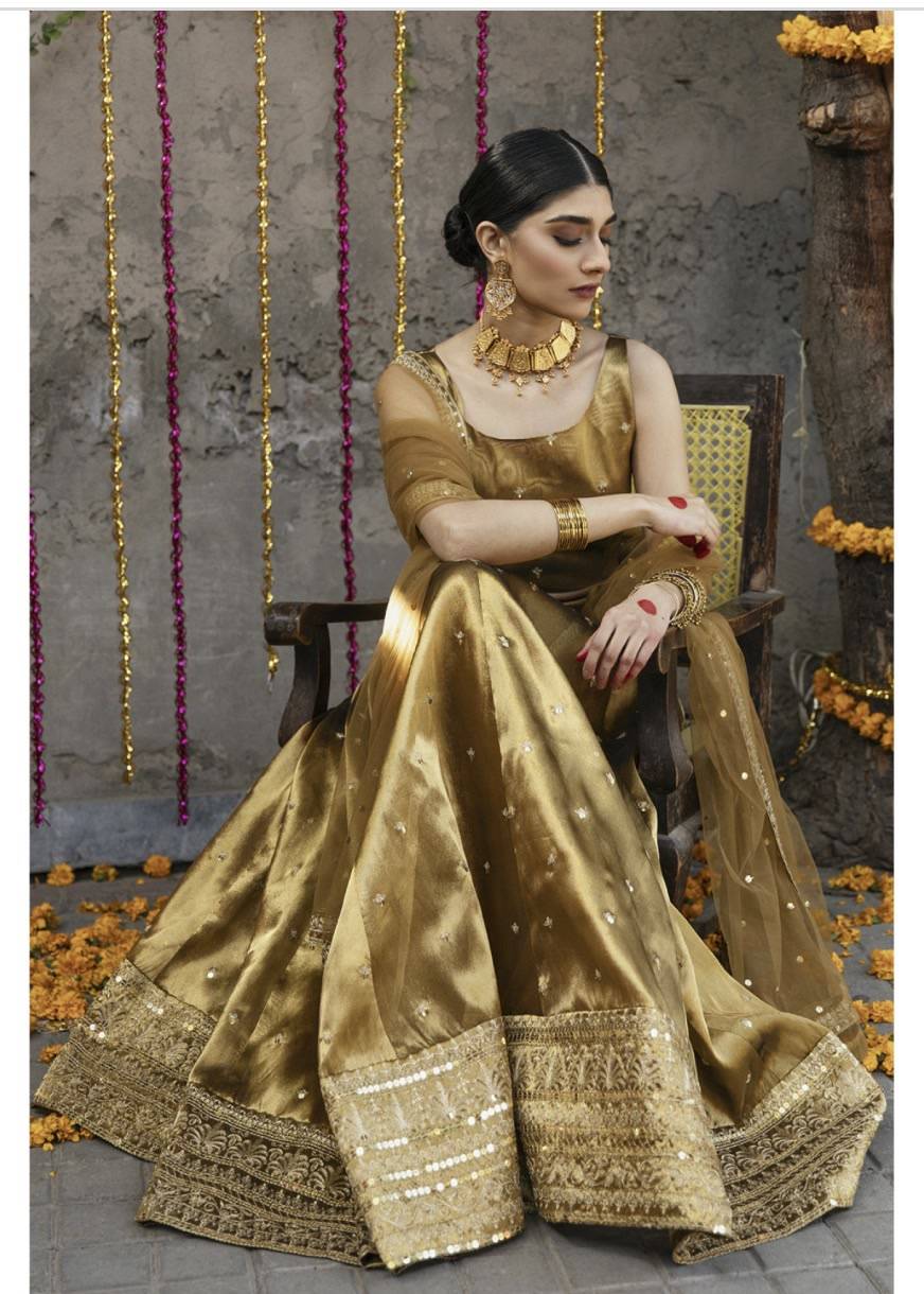 Gold Tissue Lehenga Set Image - 4