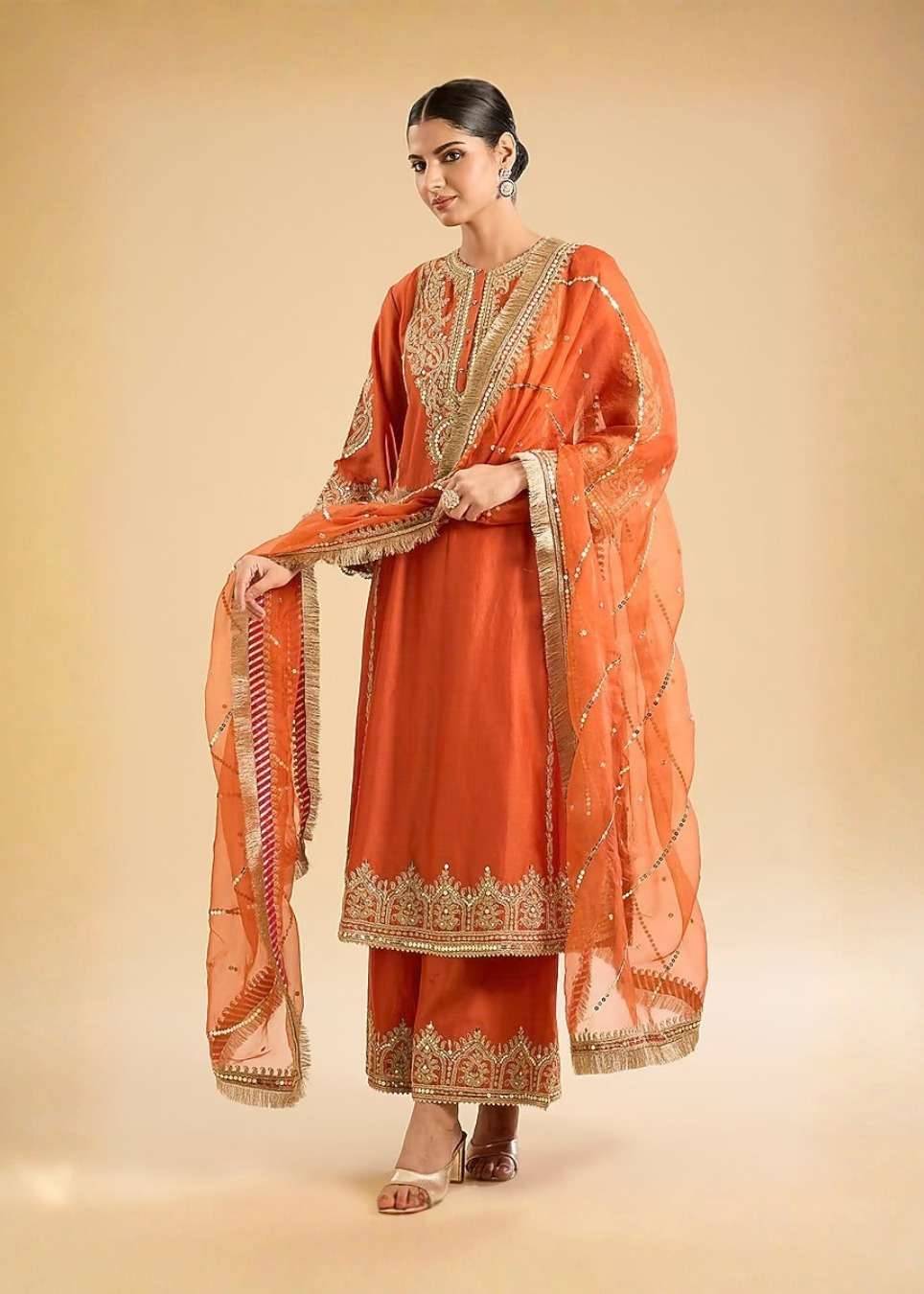 Rust Orange Embroidered Kurta Set Image - 0