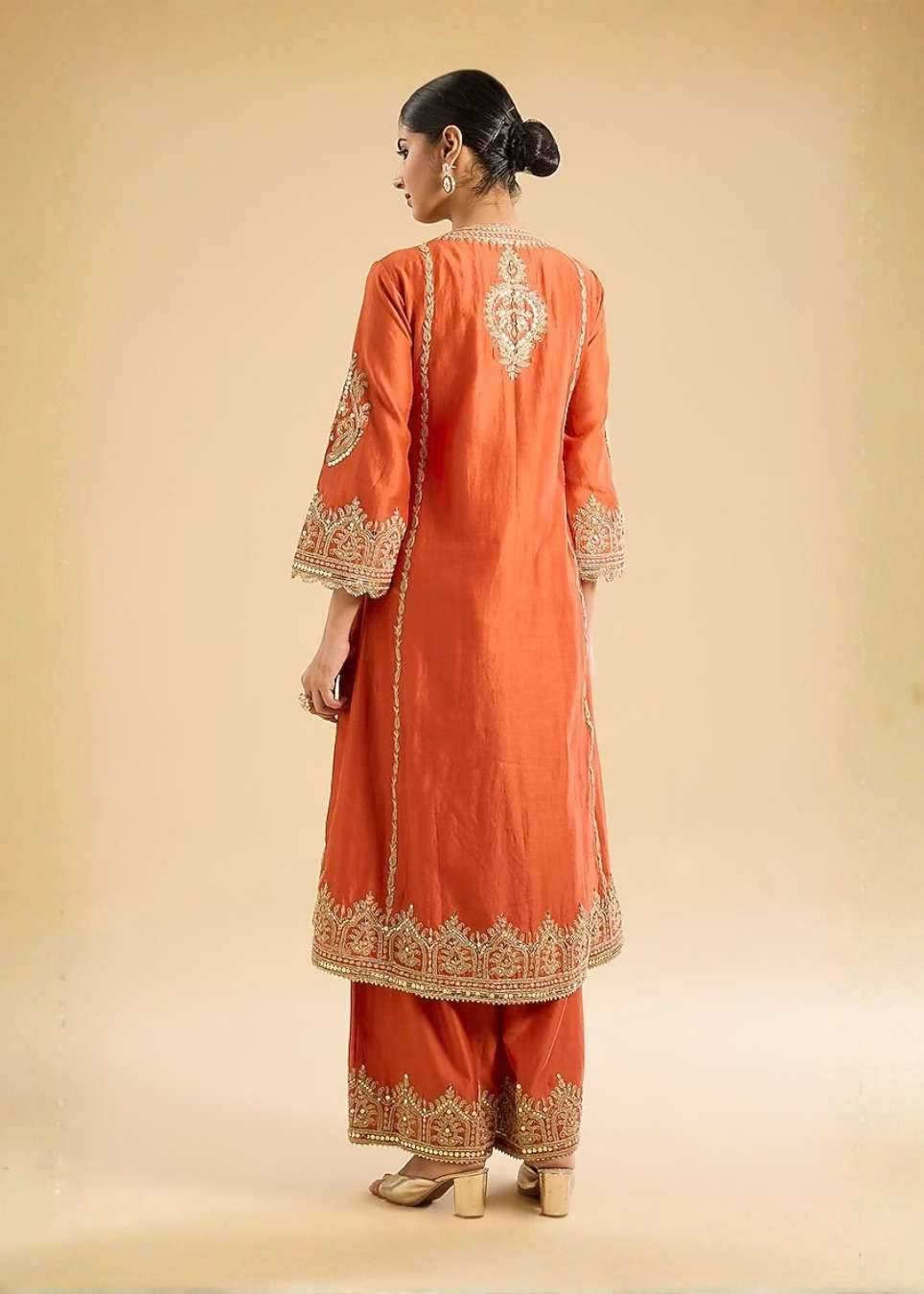 Rust Orange Embroidered Kurta Set Image - 1