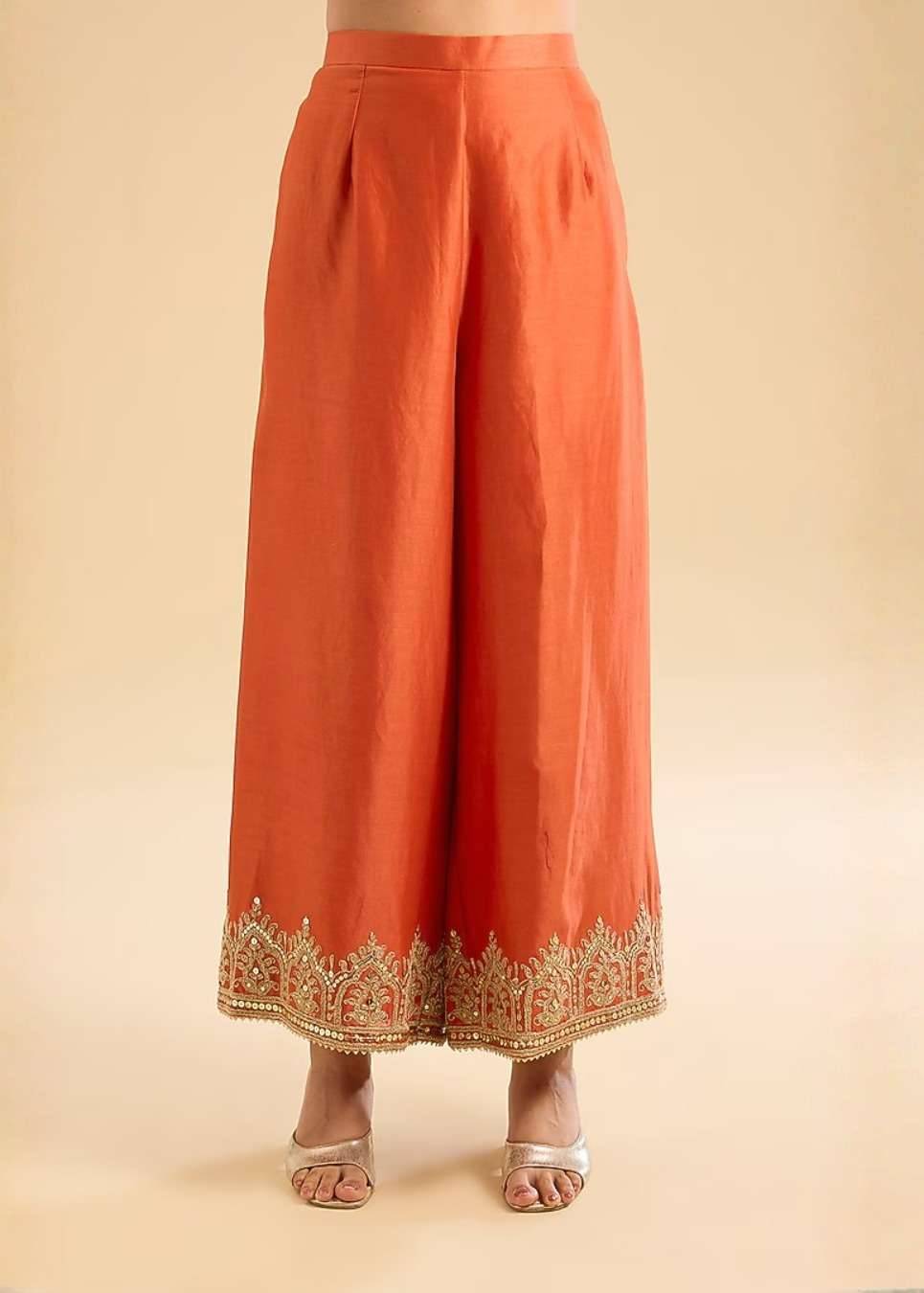 Rust Orange Embroidered Kurta Set Image - 3
