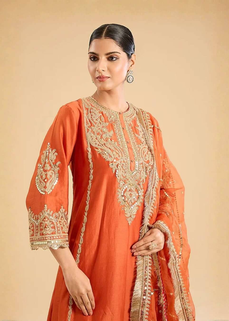 Rust Orange Embroidered Kurta Set Image - 2
