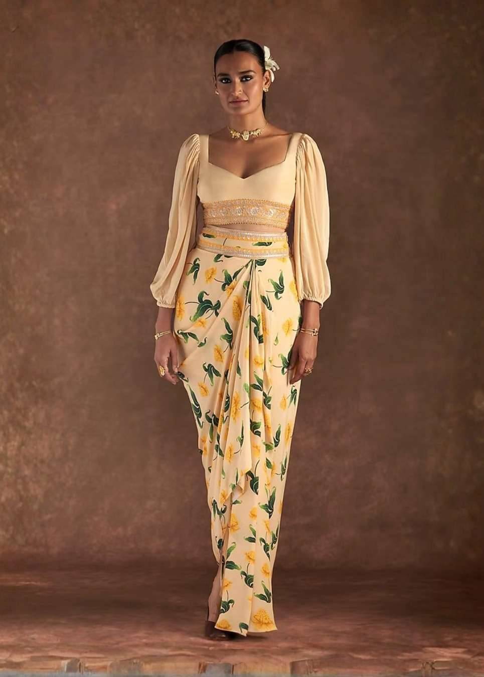 Butter Yellow Crepe Silk Draped Skirt Set Image - 0