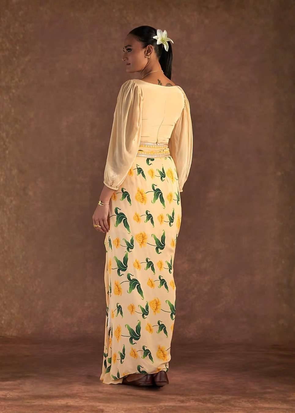 Butter Yellow Crepe Silk Draped Skirt Set Image - 1