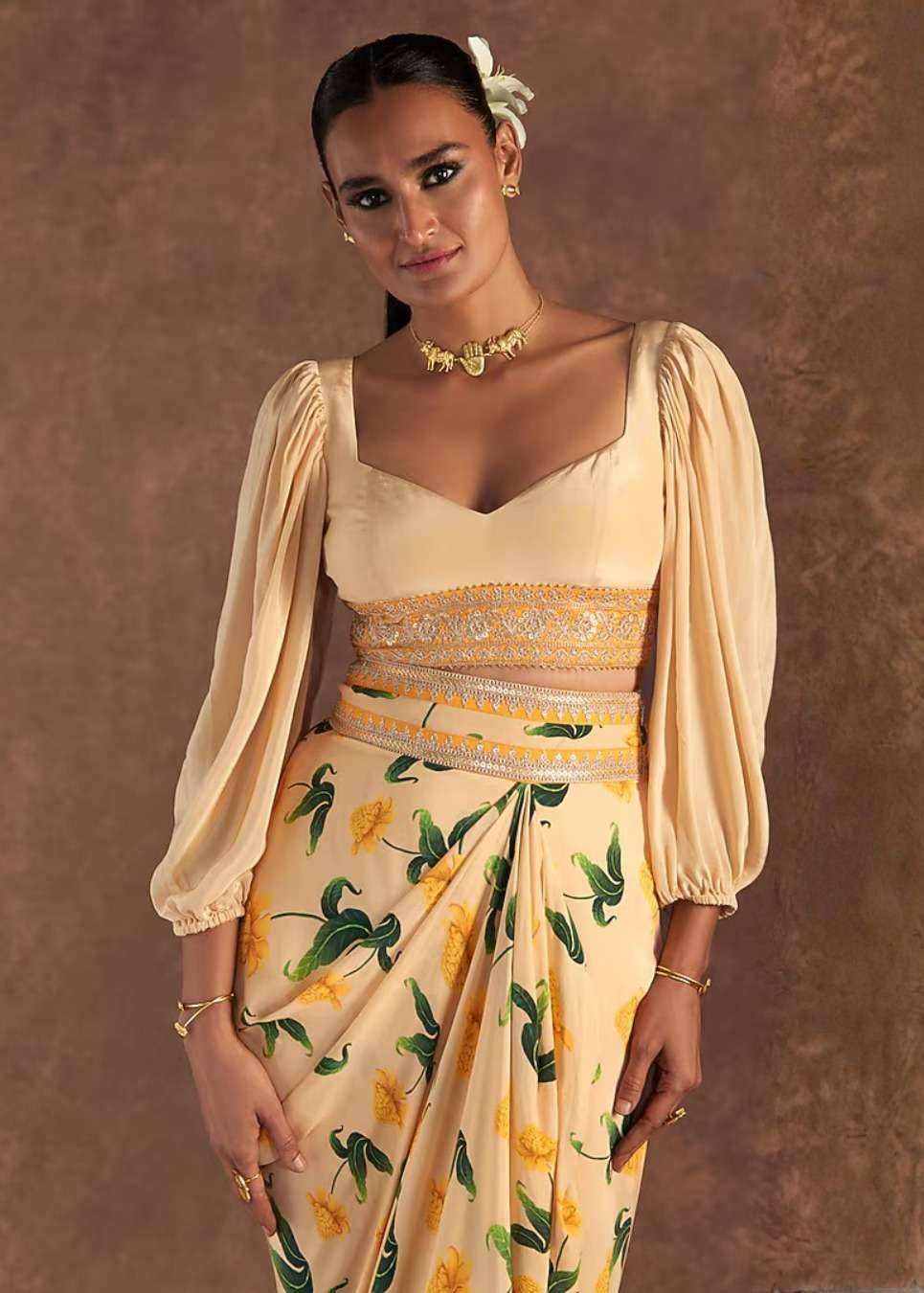 Butter Yellow Crepe Silk Draped Skirt Set Image - 2