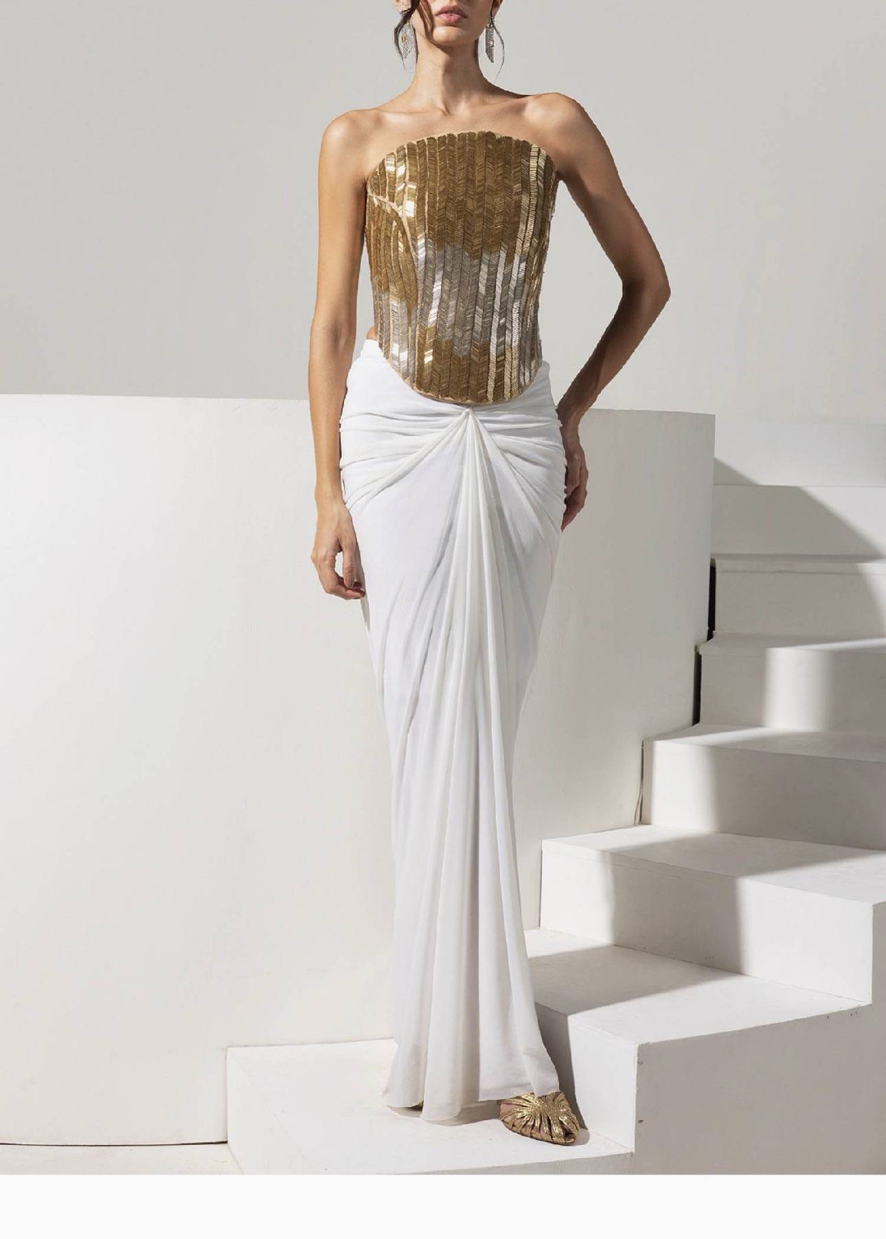Gold and White Draped Skirt Set Image - 1