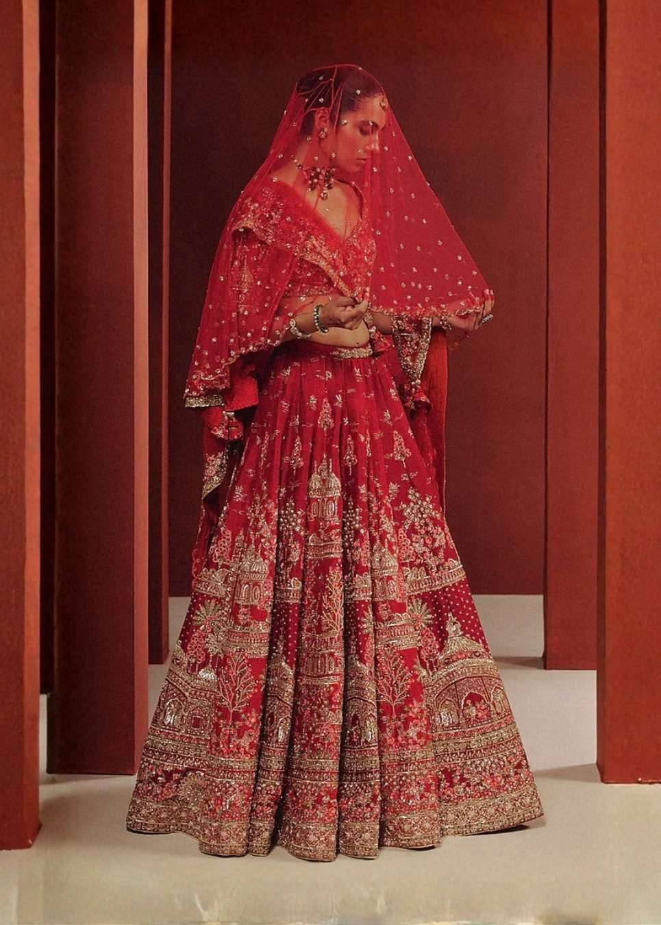 Red Bridal Embroidered Lehenga Image - 5