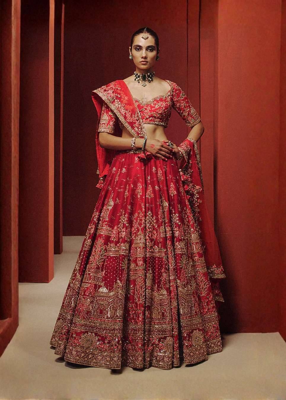 Red Bridal Embroidered Lehenga Image - 0