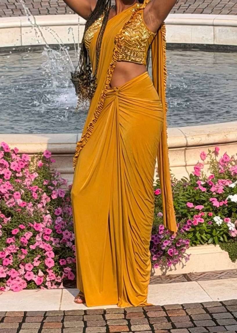 Mustard Ruffle Pre-Draped Sari Image - 0