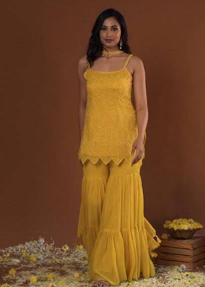 Yellow Scalloped Sharara Set Image - 0