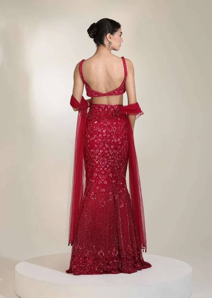 Red Sequin Mermaid Lehenga Image - 1