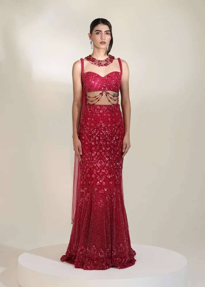 Red Sequin Mermaid Lehenga Image - 0