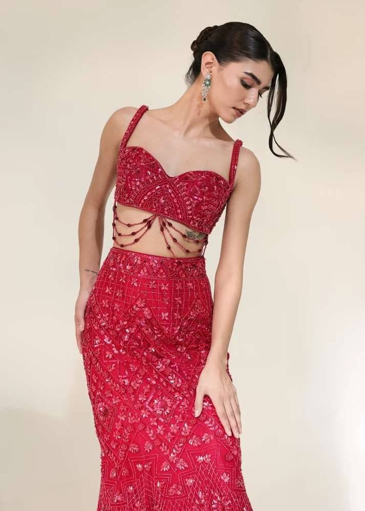 Red Sequin Mermaid Lehenga Image - 3