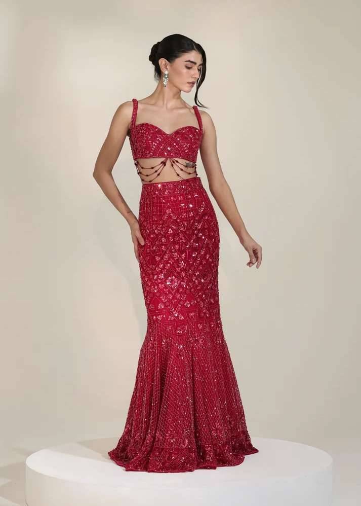 Red Sequin Mermaid Lehenga Image - 4