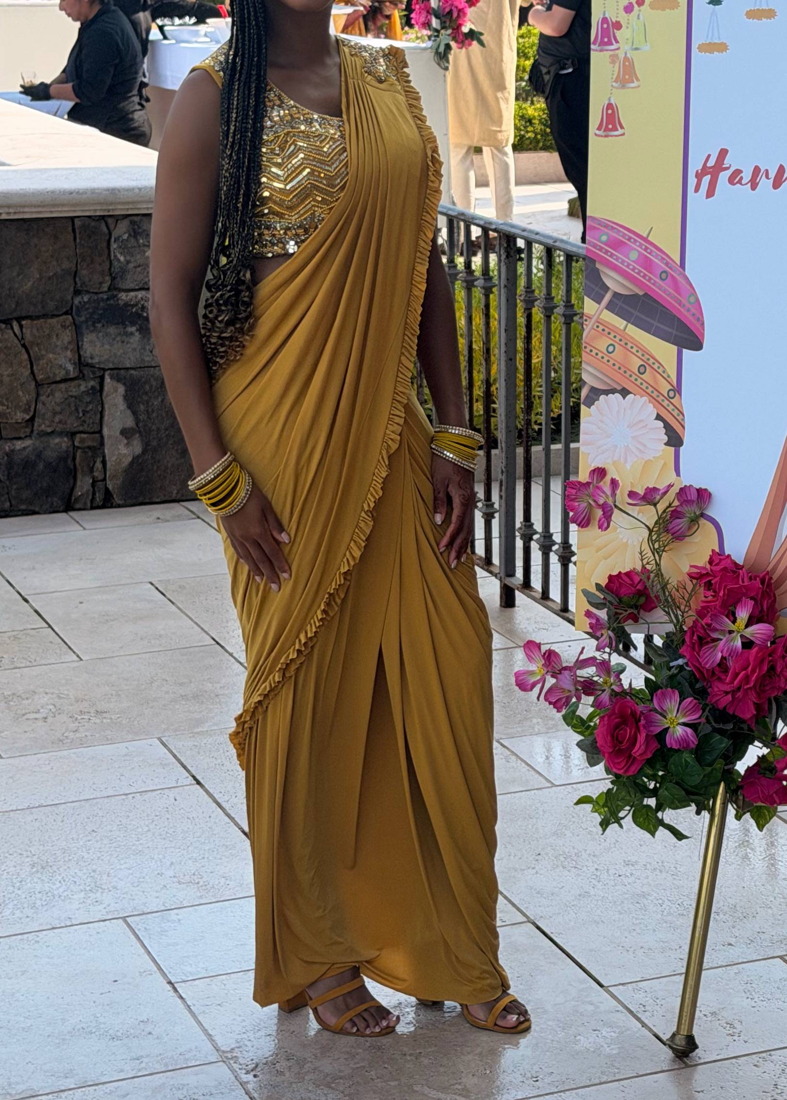 Mustard Ruffle Pre-Draped Sari Image - 3