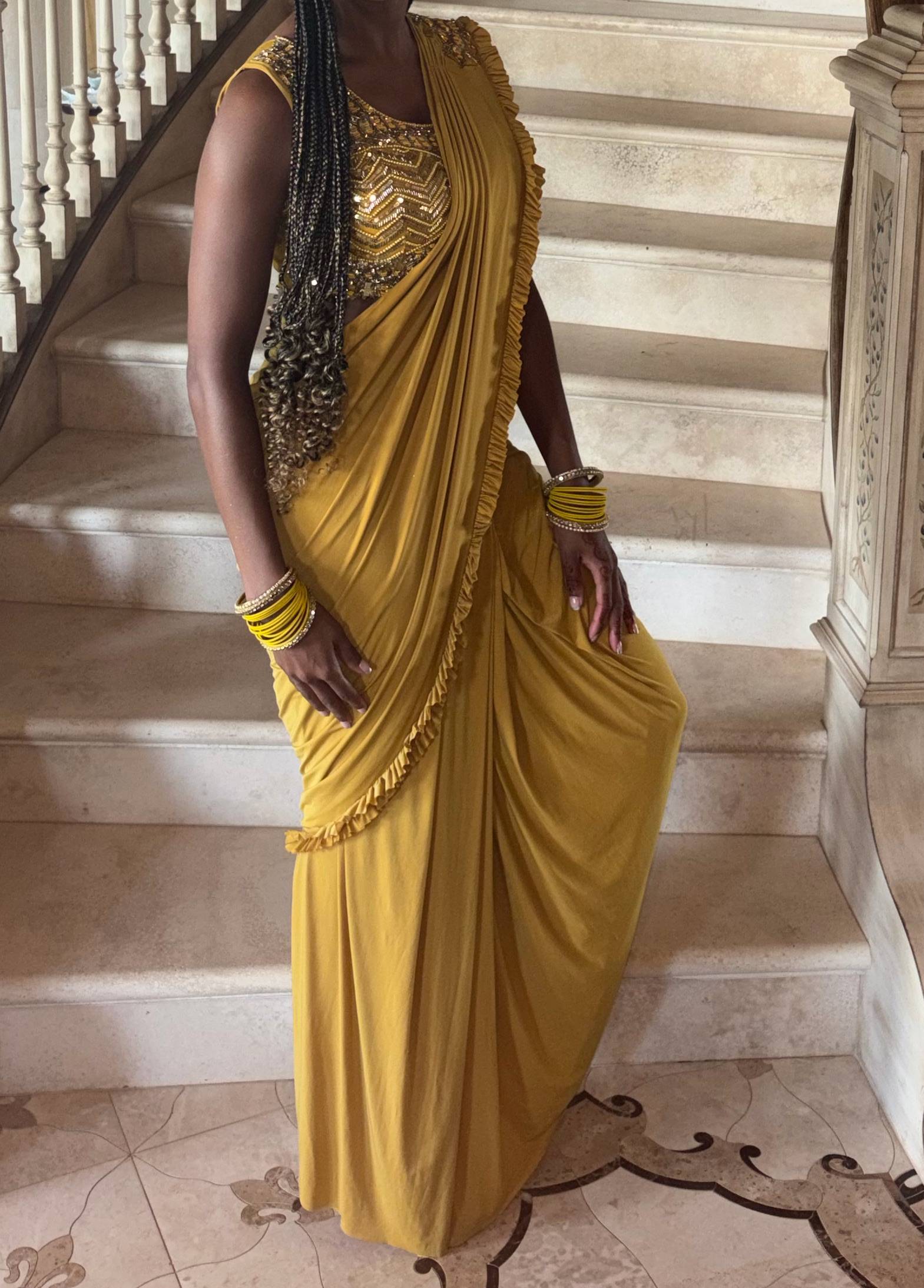 Mustard Ruffle Pre-Draped Sari Image - 1