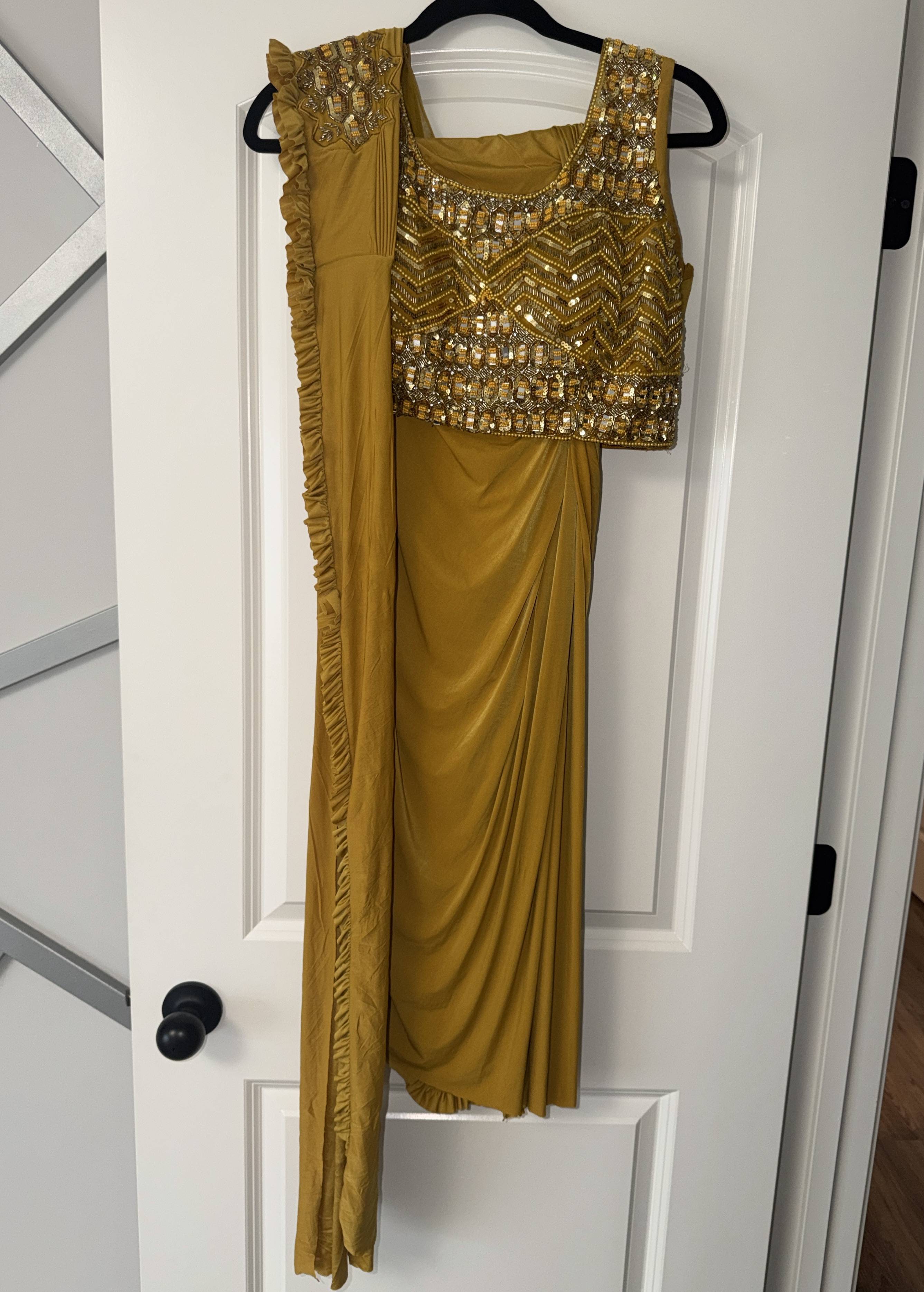Mustard Ruffle Pre-Draped Sari Image - 2