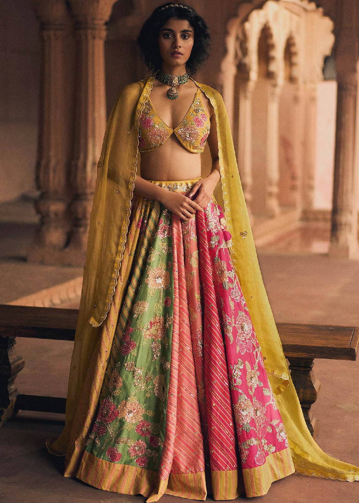 Mustard and Pink Floral Lehenga Image - 0