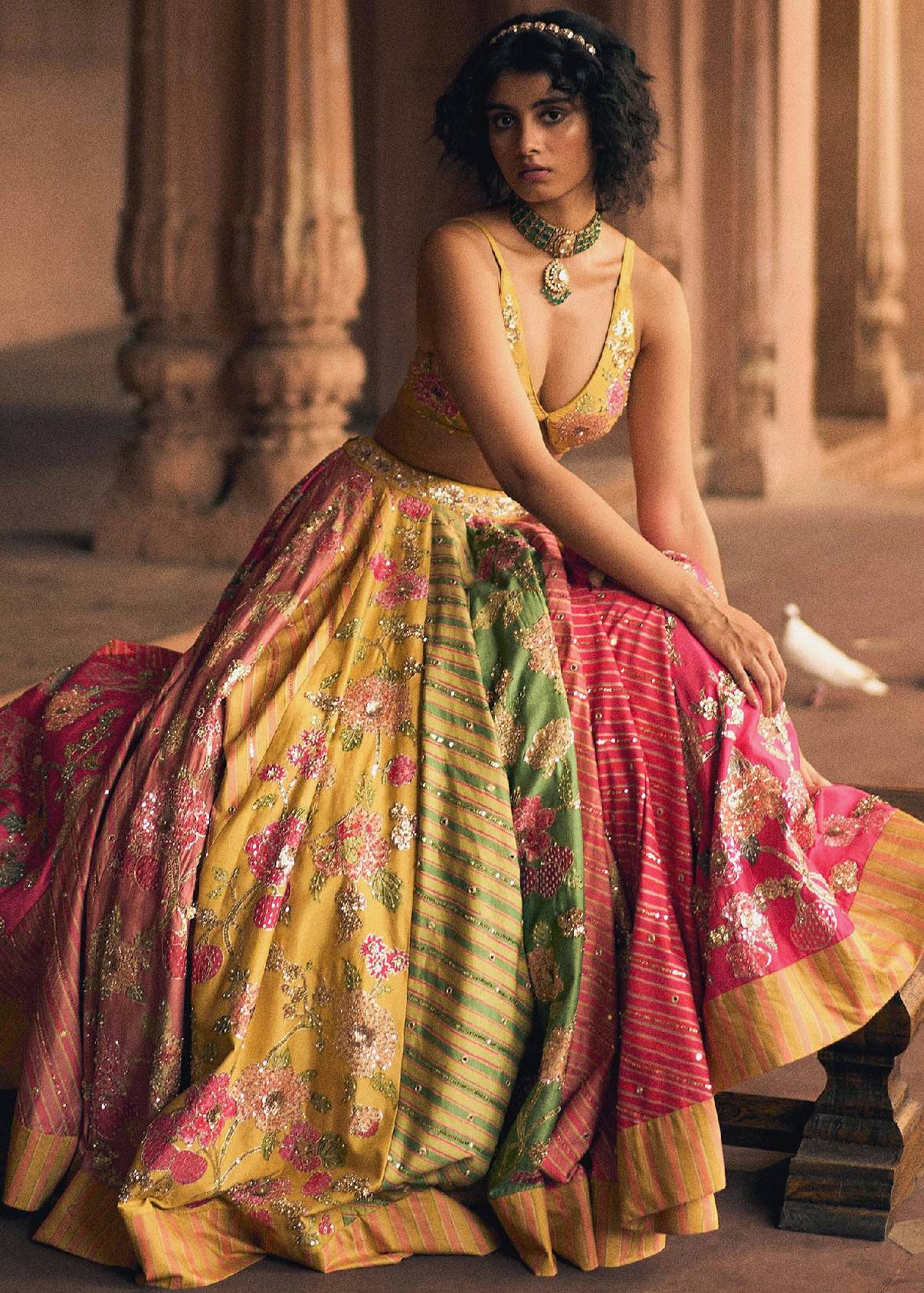 Mustard and Pink Floral Lehenga Image - 3