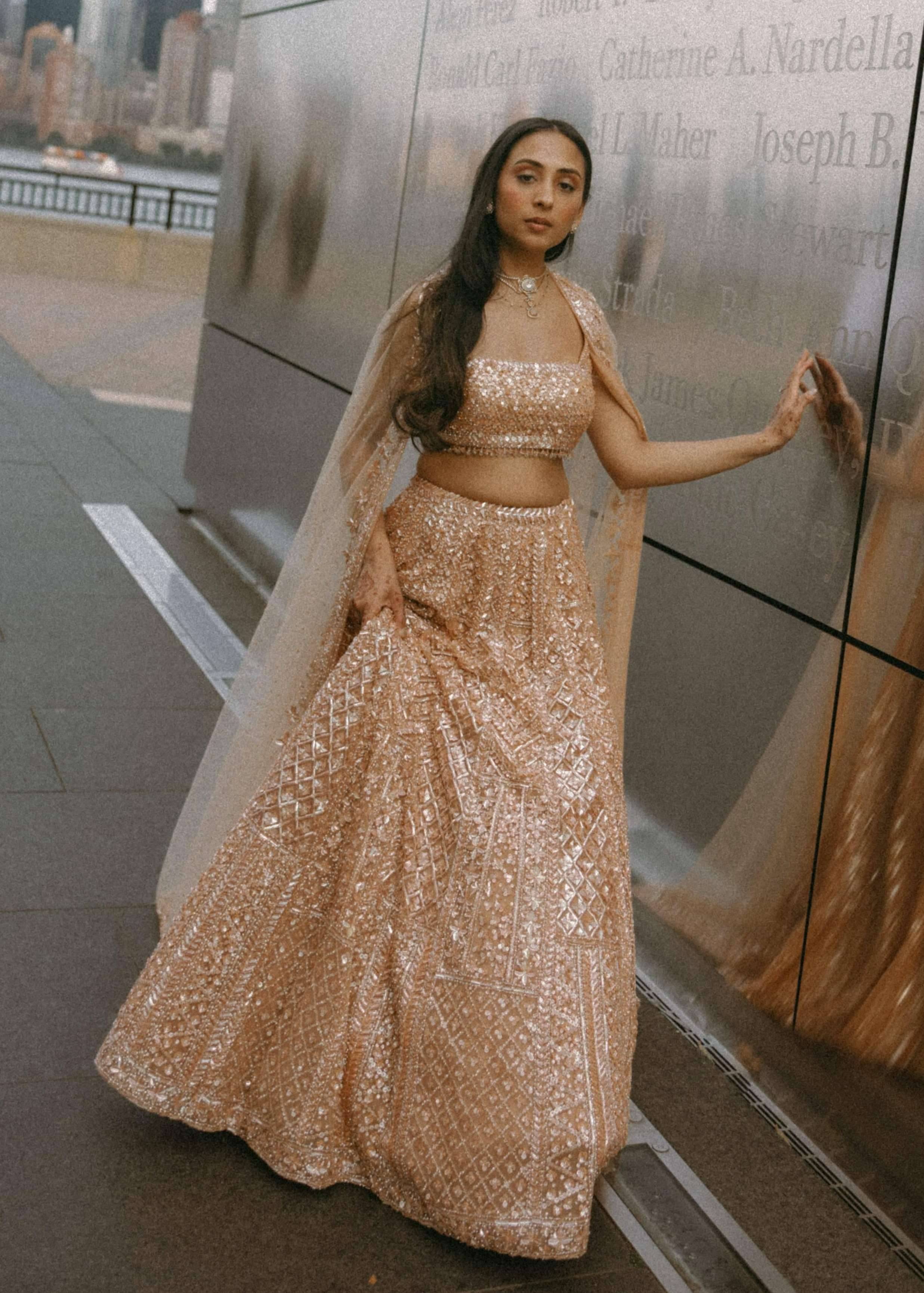 Peach Orange Sequin Lehenga Image - 0