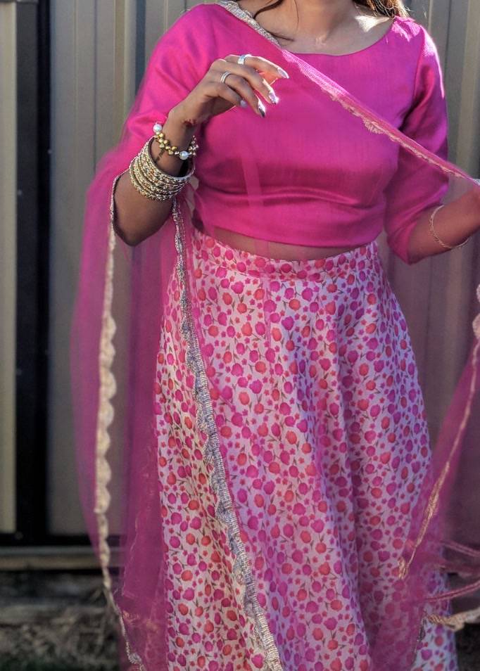 Pink Floral Print Lehenga Image - 1