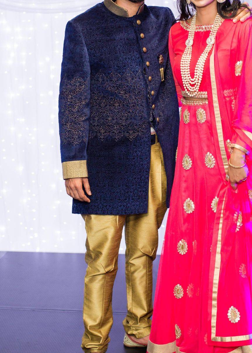 Navy Velvet Embroidered Sherwani Image - 0