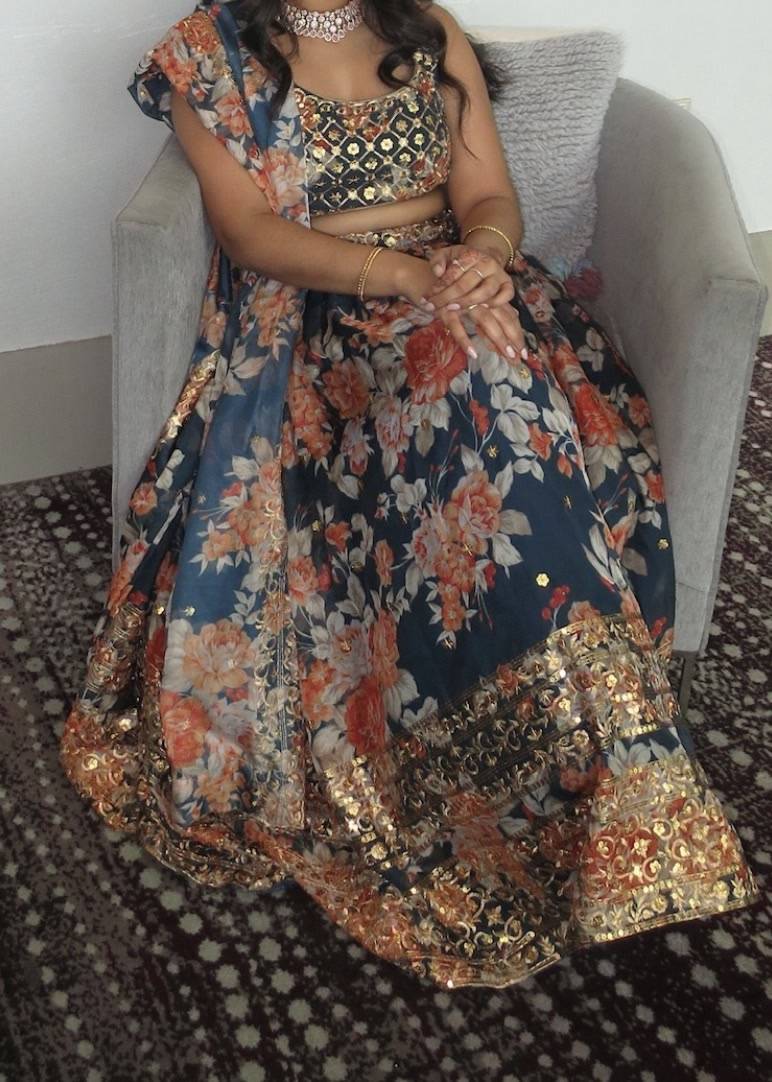 Navy Floral Lehenga Set Image - 0