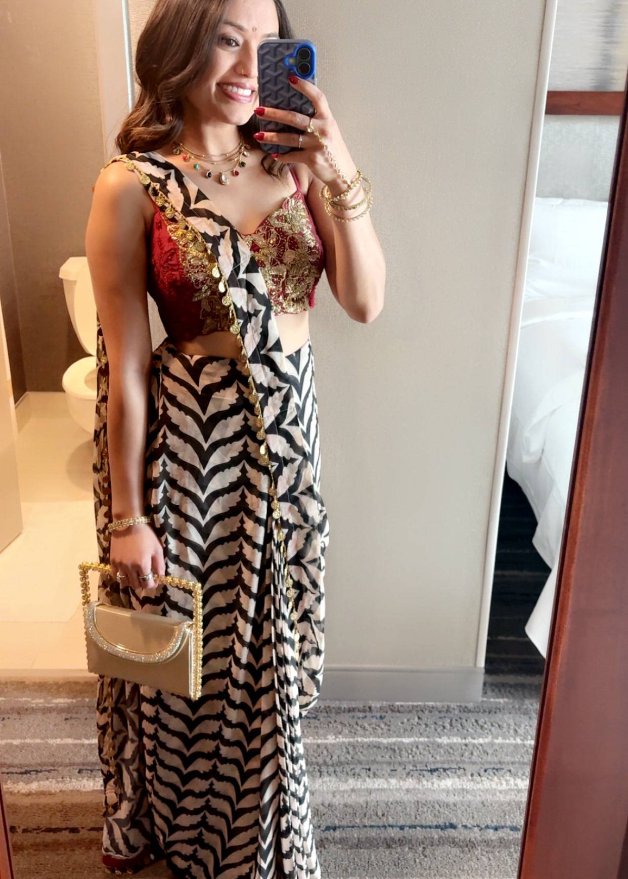 Black and White Printed Sari Image - 1