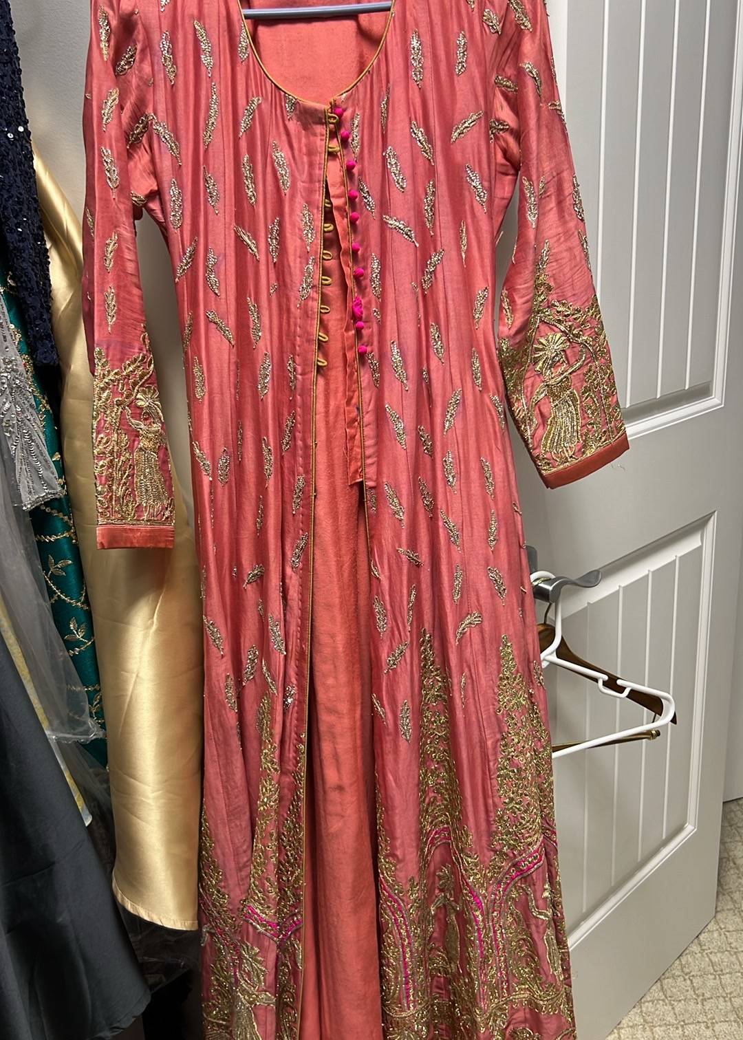 Coral Embroidered Gown Set Image - 2