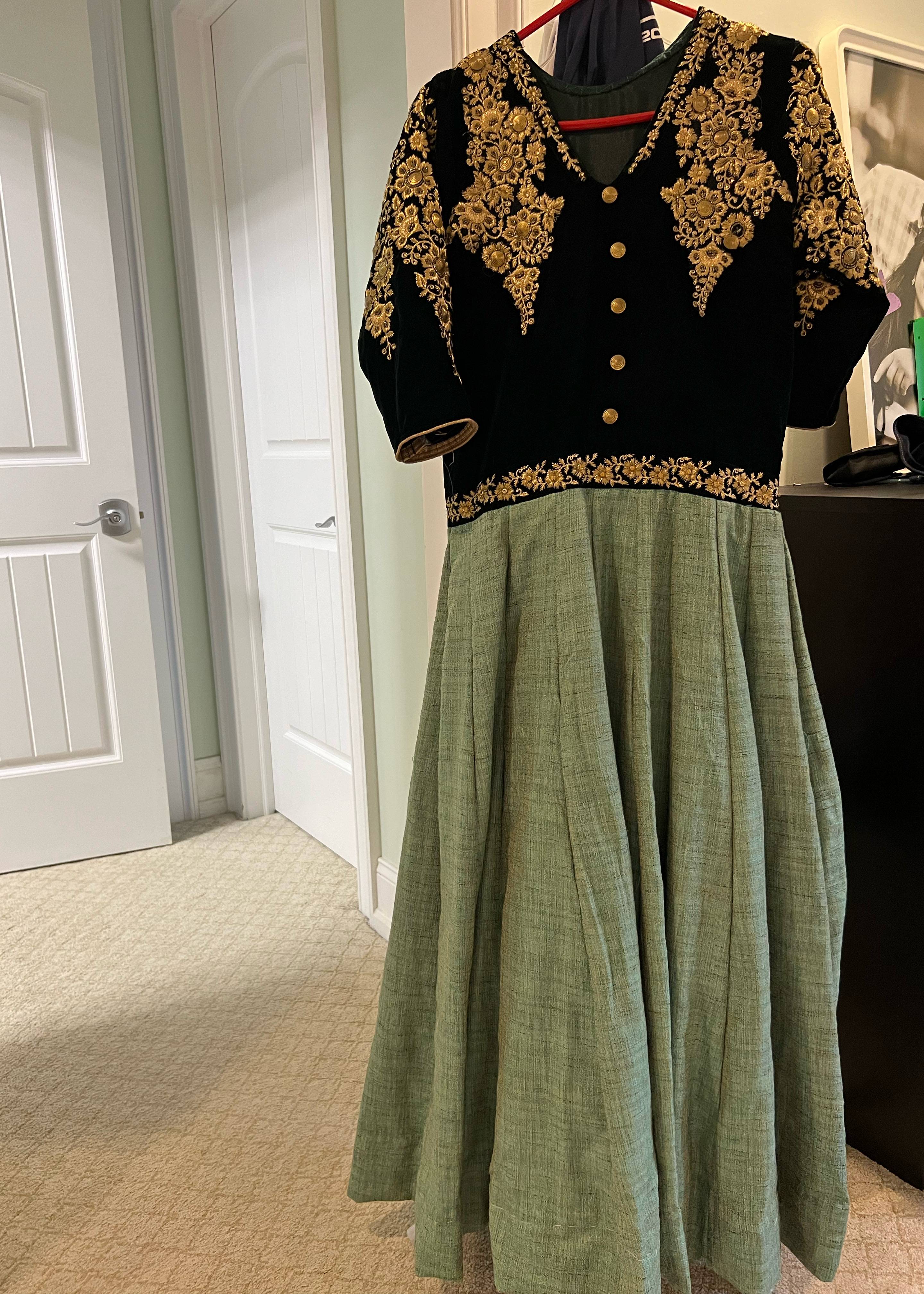 Green and Black Velvet Gown Image - 0