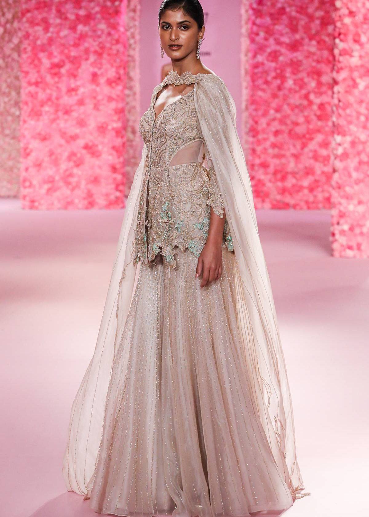 Champagne Embellished Cape Sharara Image - 0