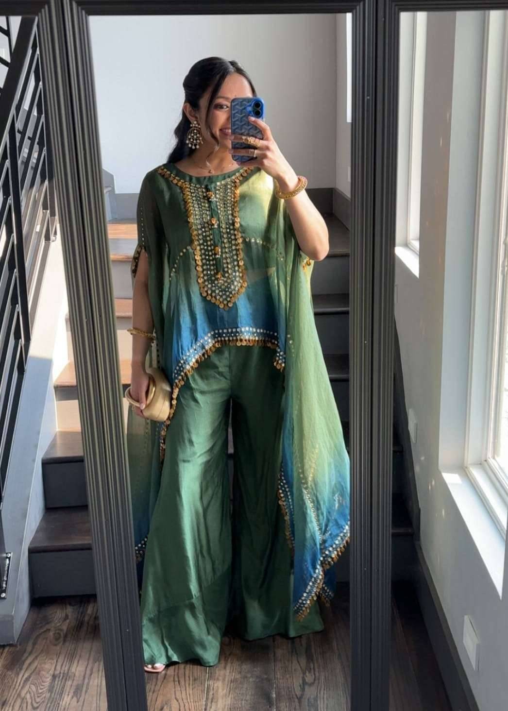 Green Ombre Kaftan Set Image - 0