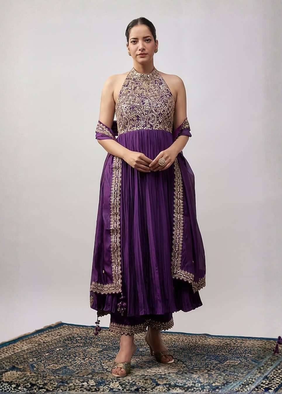 Purple Halter Anarkali Set Image - 0