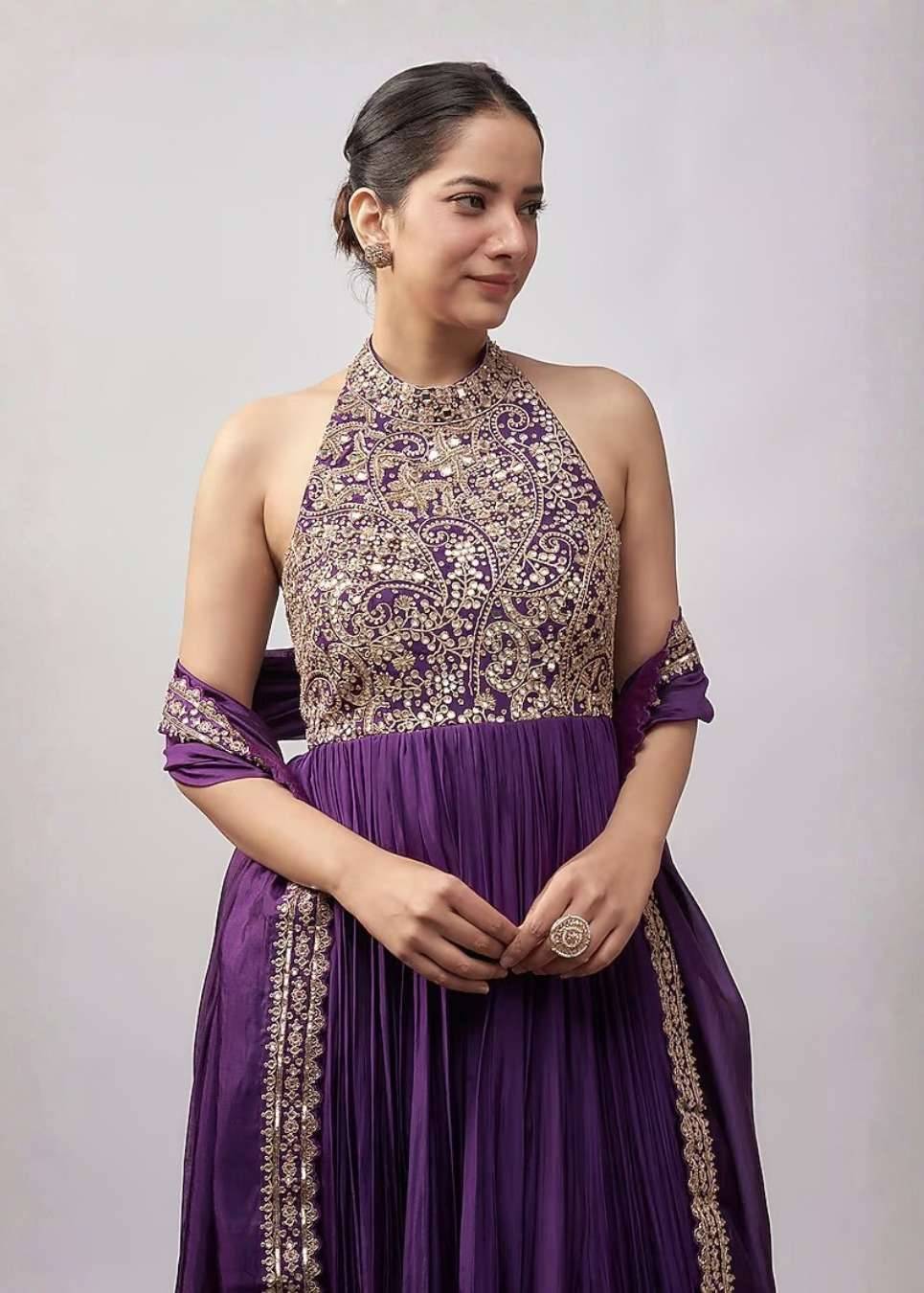 Purple Halter Anarkali Set Image - 2