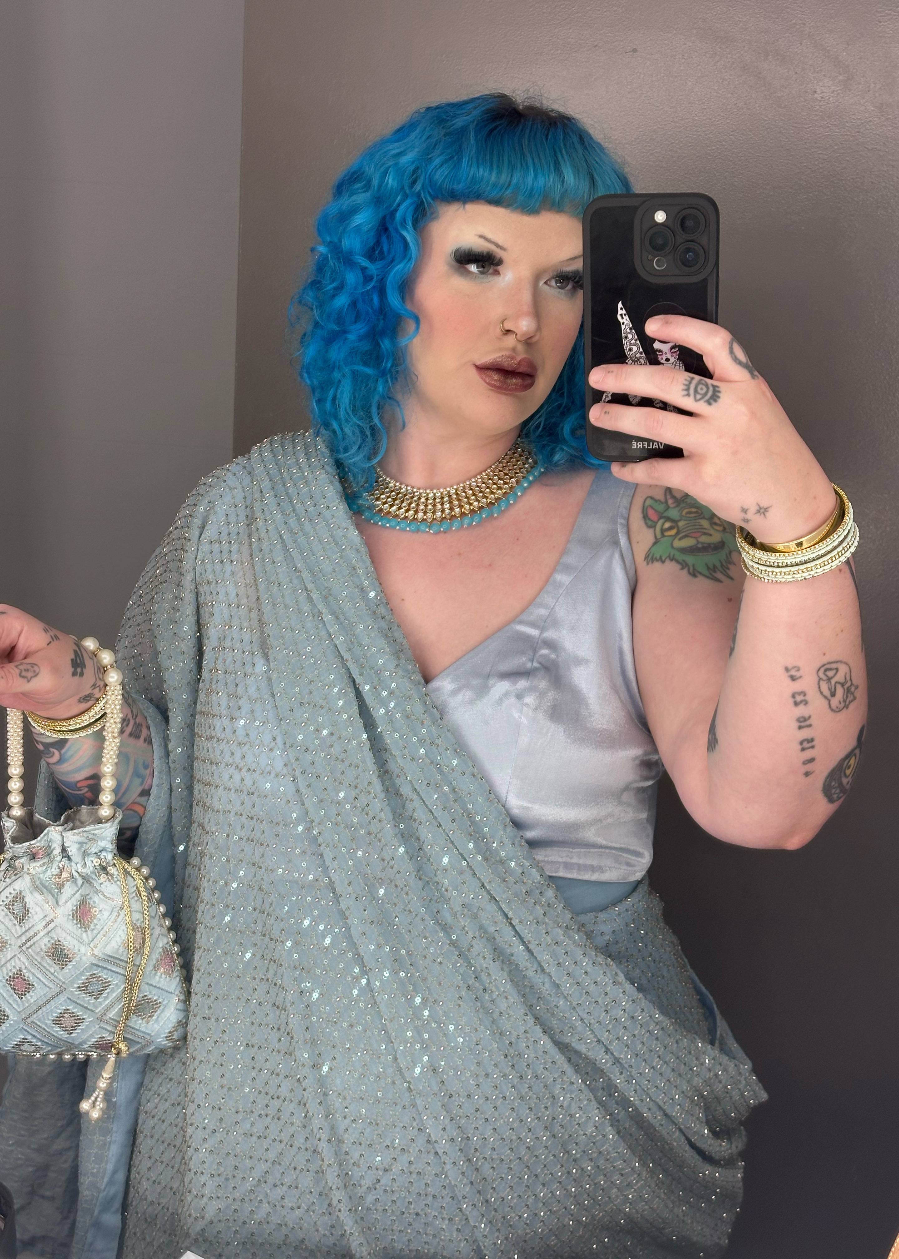 Baby Blue Sequin Pre-Draped Sari Image - 2