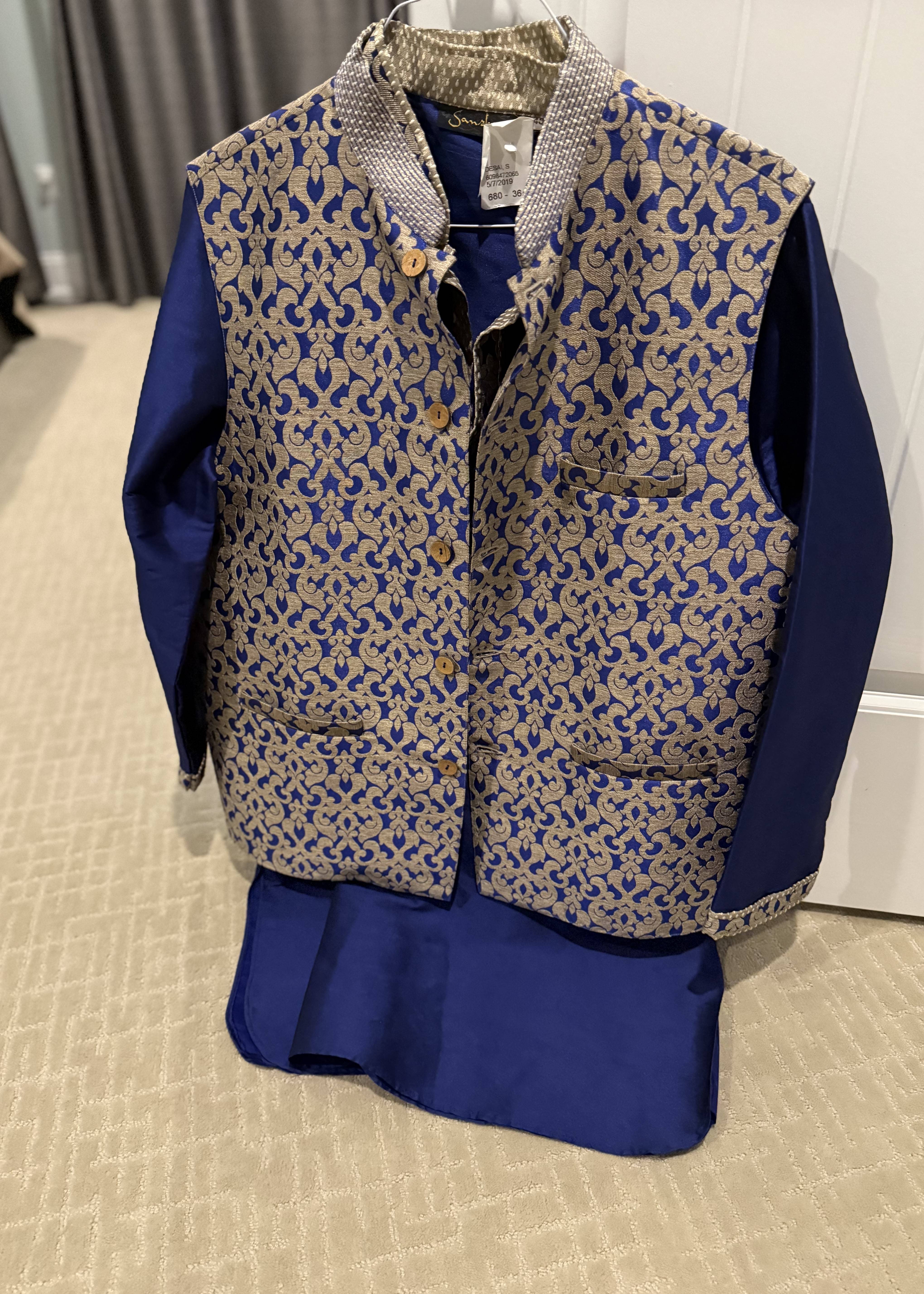 Royal Blue Brocade Vest Set Image - 0