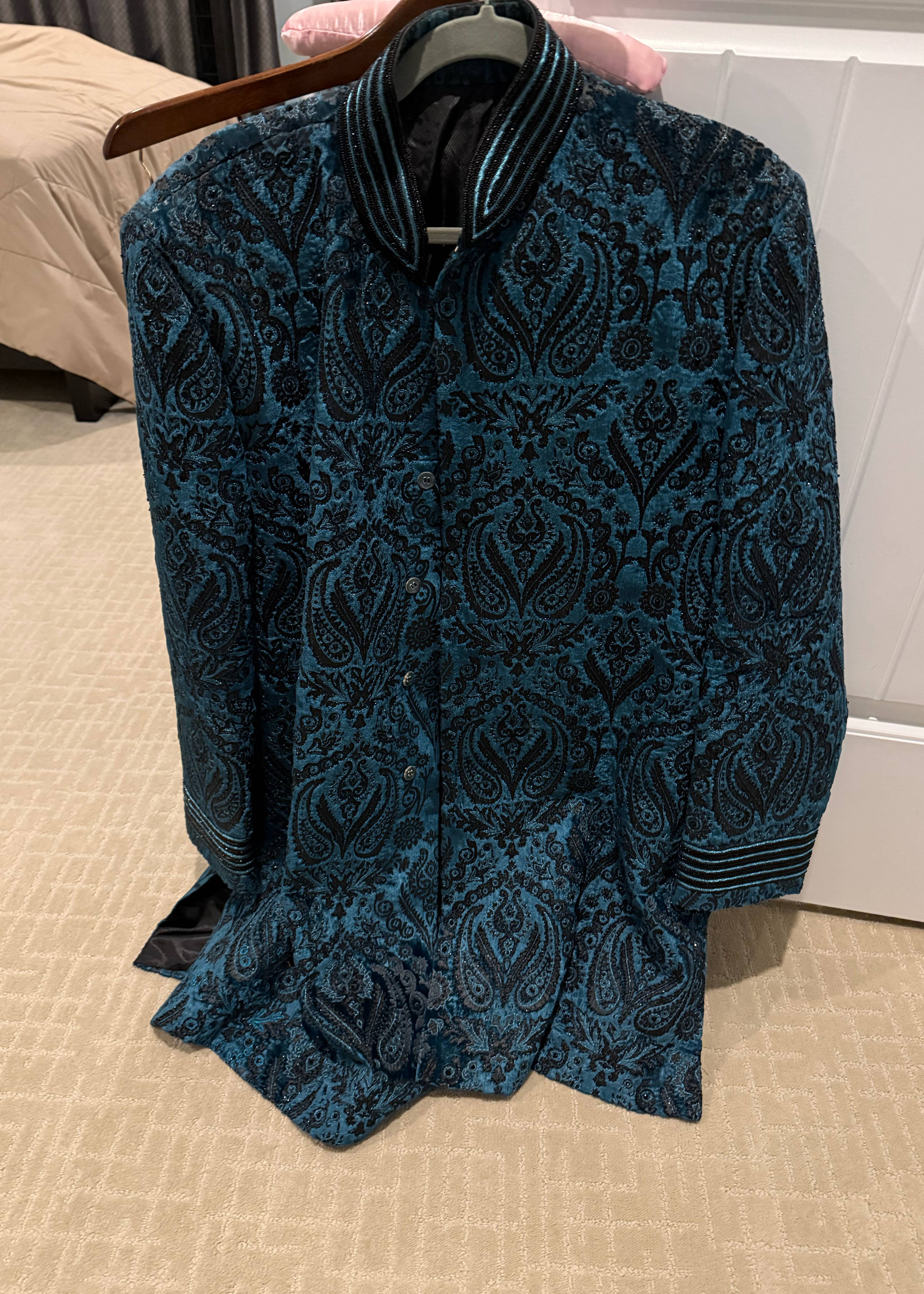 Teal Paisley Embroidered Sherwani Image - 0
