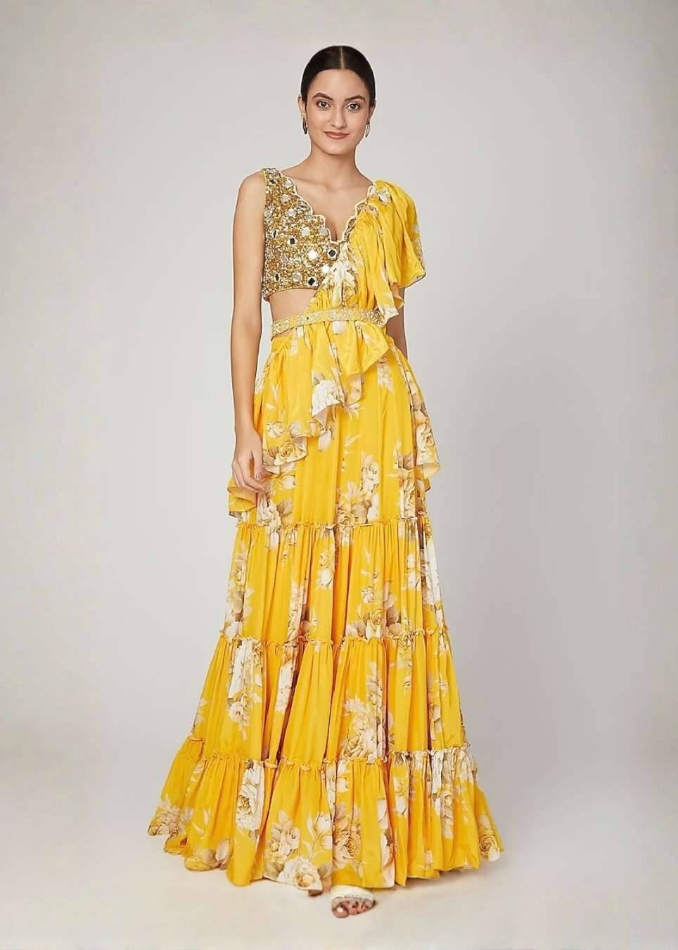 Mango Yellow Printed Lehenga Sari Set Image - 0