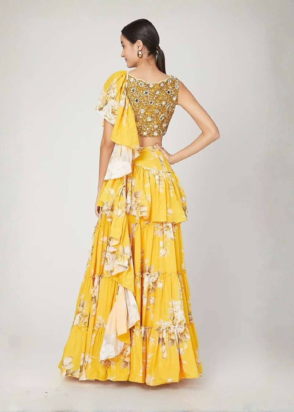 Mango Yellow Printed Lehenga Sari Set Image - 1