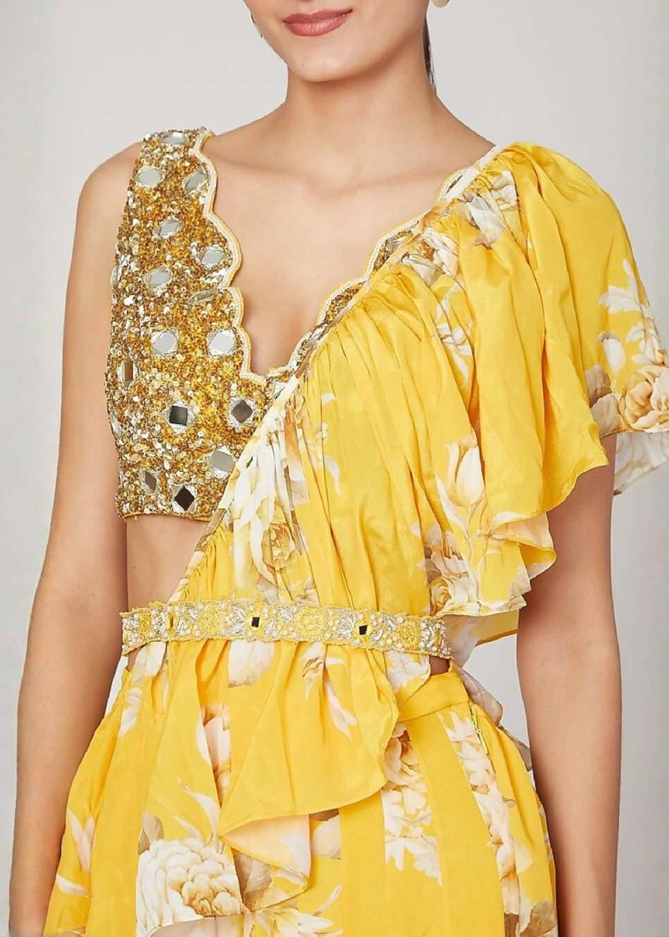 Mango Yellow Printed Lehenga Sari Set Image - 2
