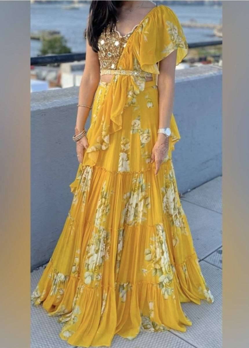 Mango Yellow Printed Lehenga Sari Set Image - 3