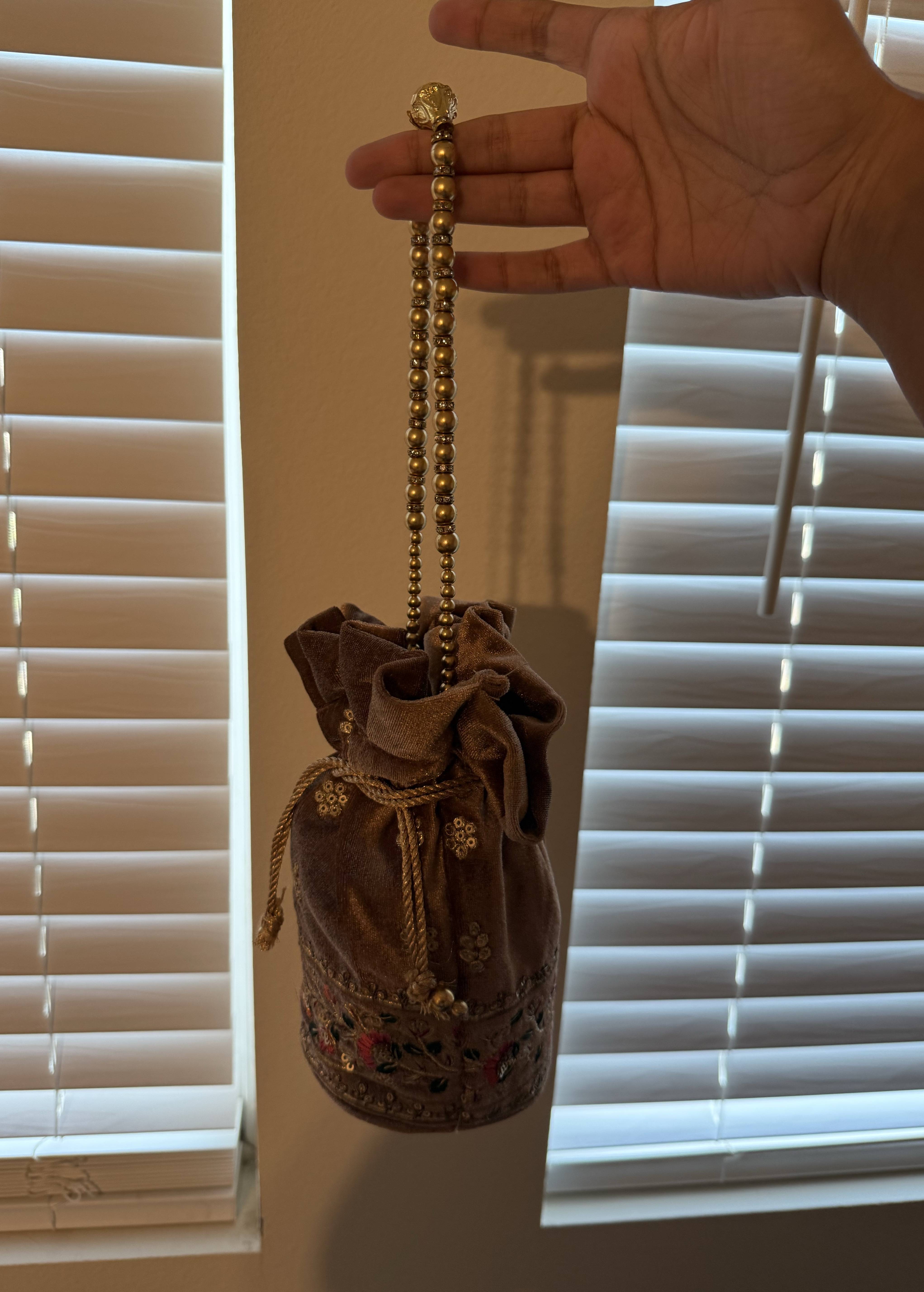 Beige Velvet Embroidered Potli Bag Image - 2