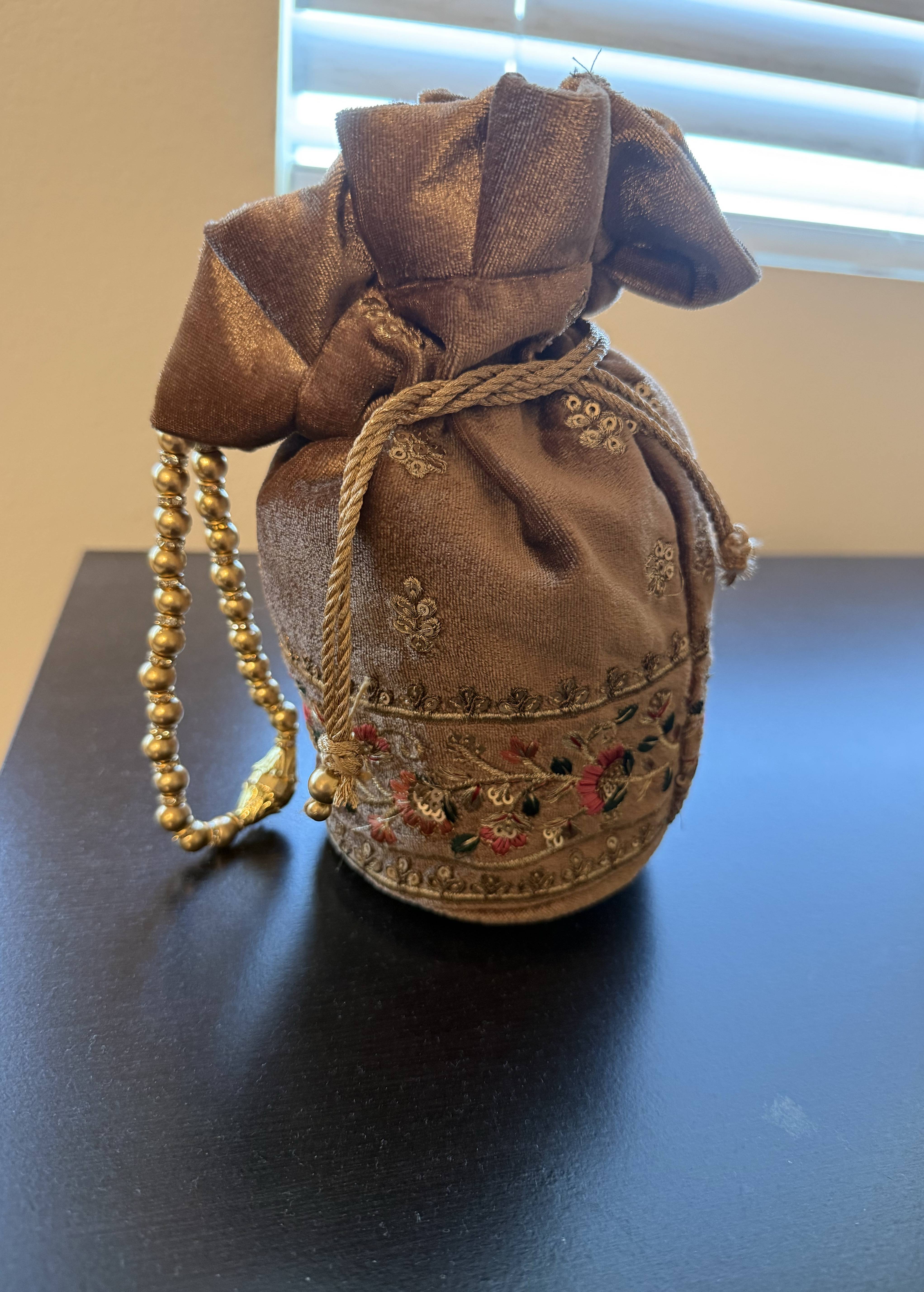 Beige Velvet Embroidered Potli Bag Image - 1