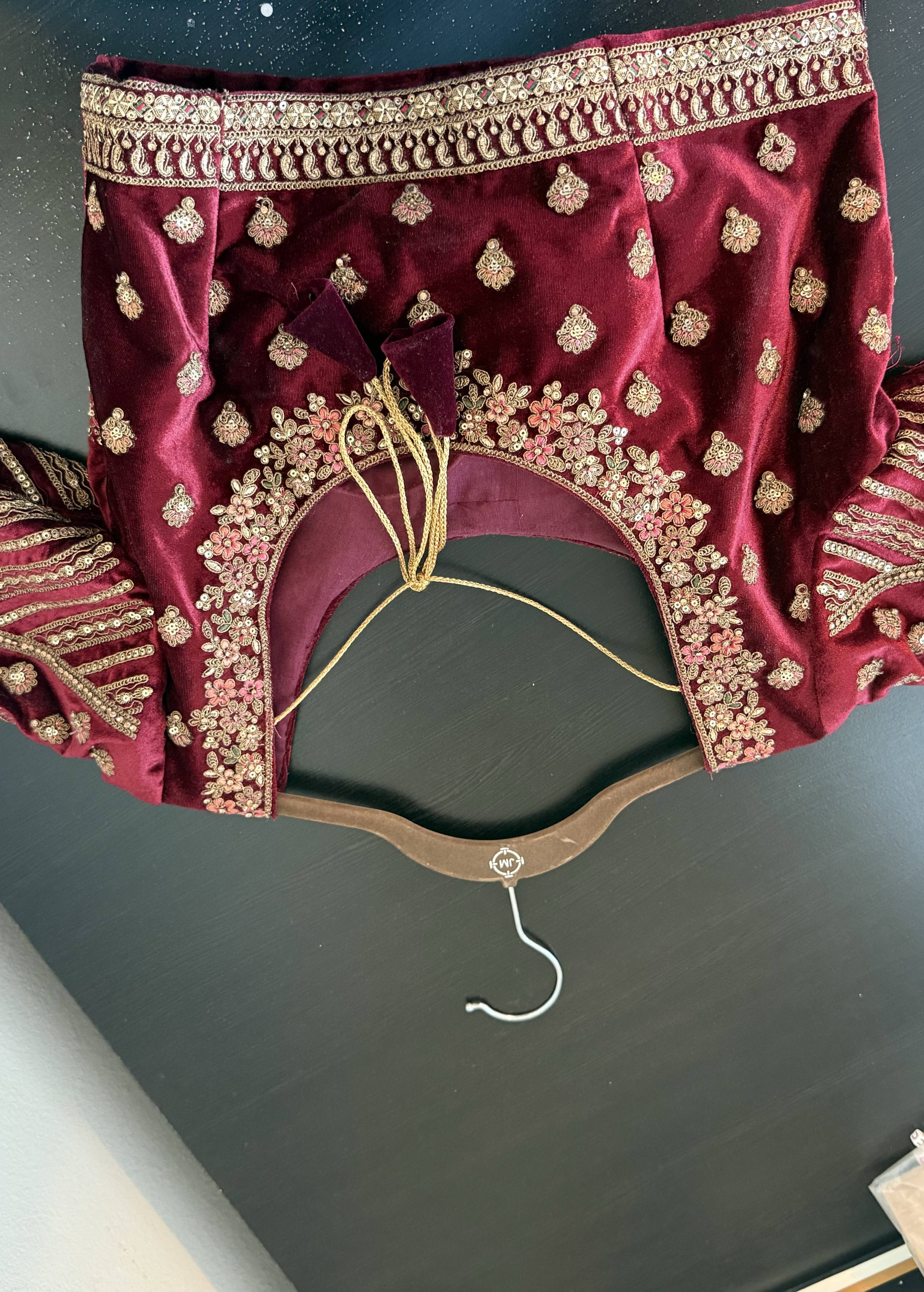 Maroon Velvet Lehenga Set Image - 7