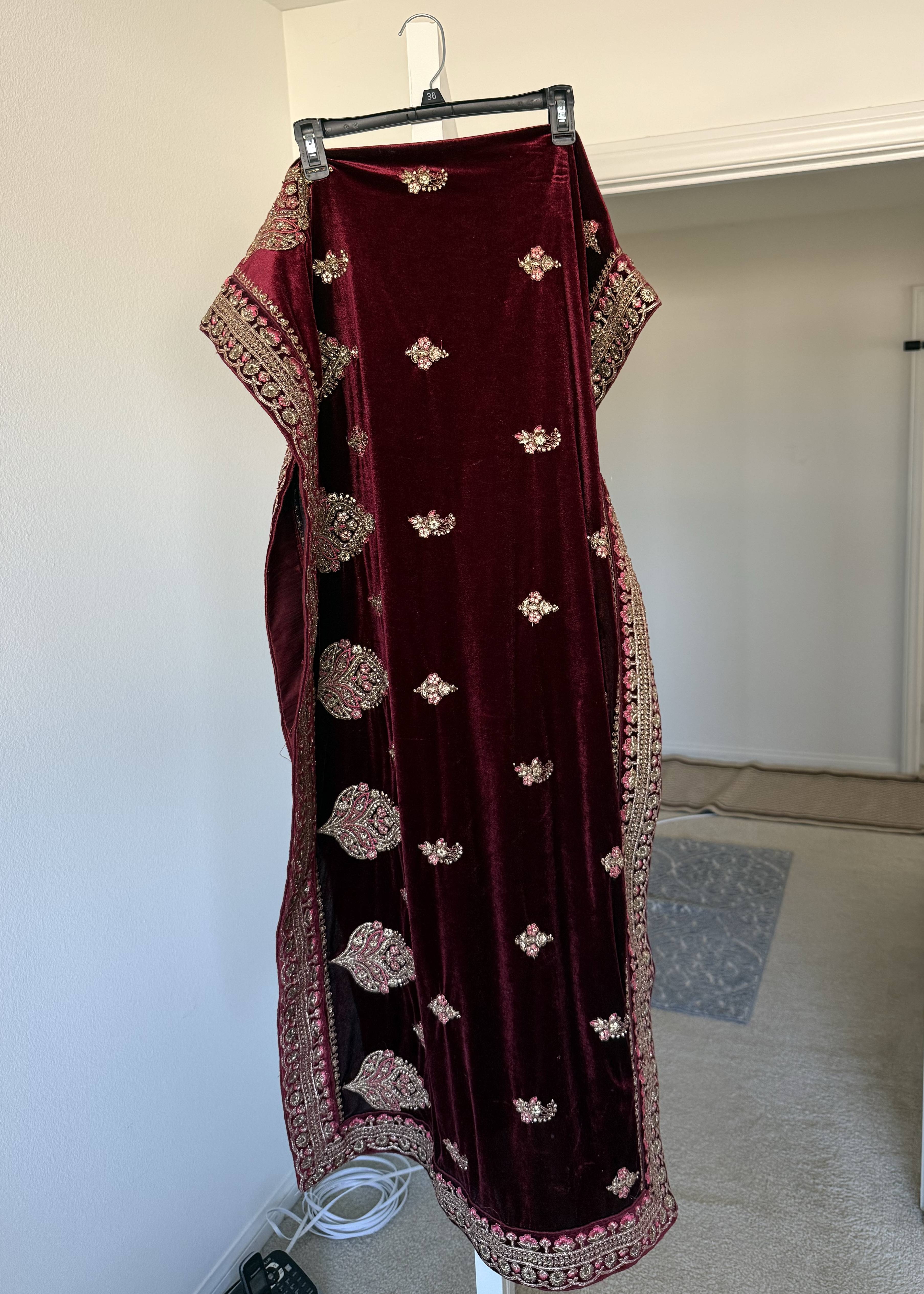 Maroon Velvet Lehenga Set Image - 3