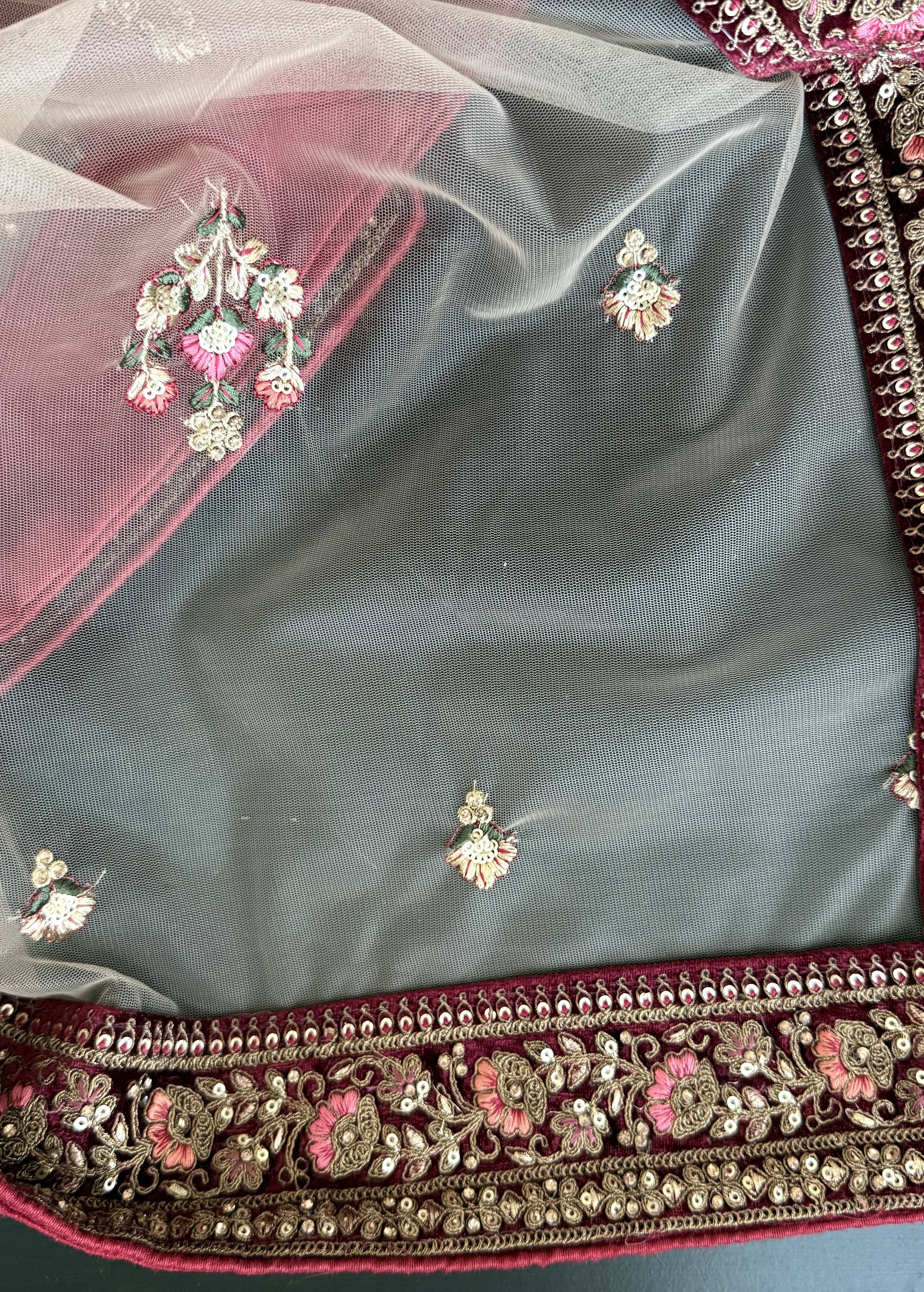 Maroon Velvet Lehenga Set Image - 8