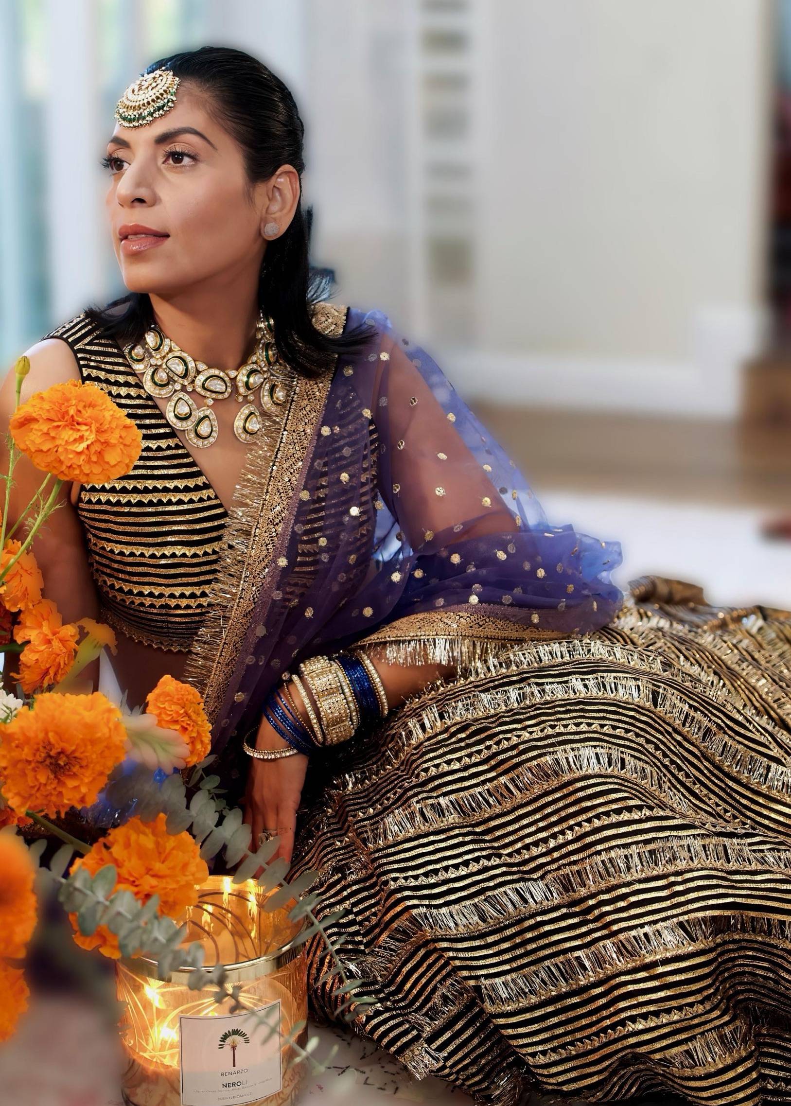 Black and Gold Sequin Lehenga with Blue Dupatta Image - 5