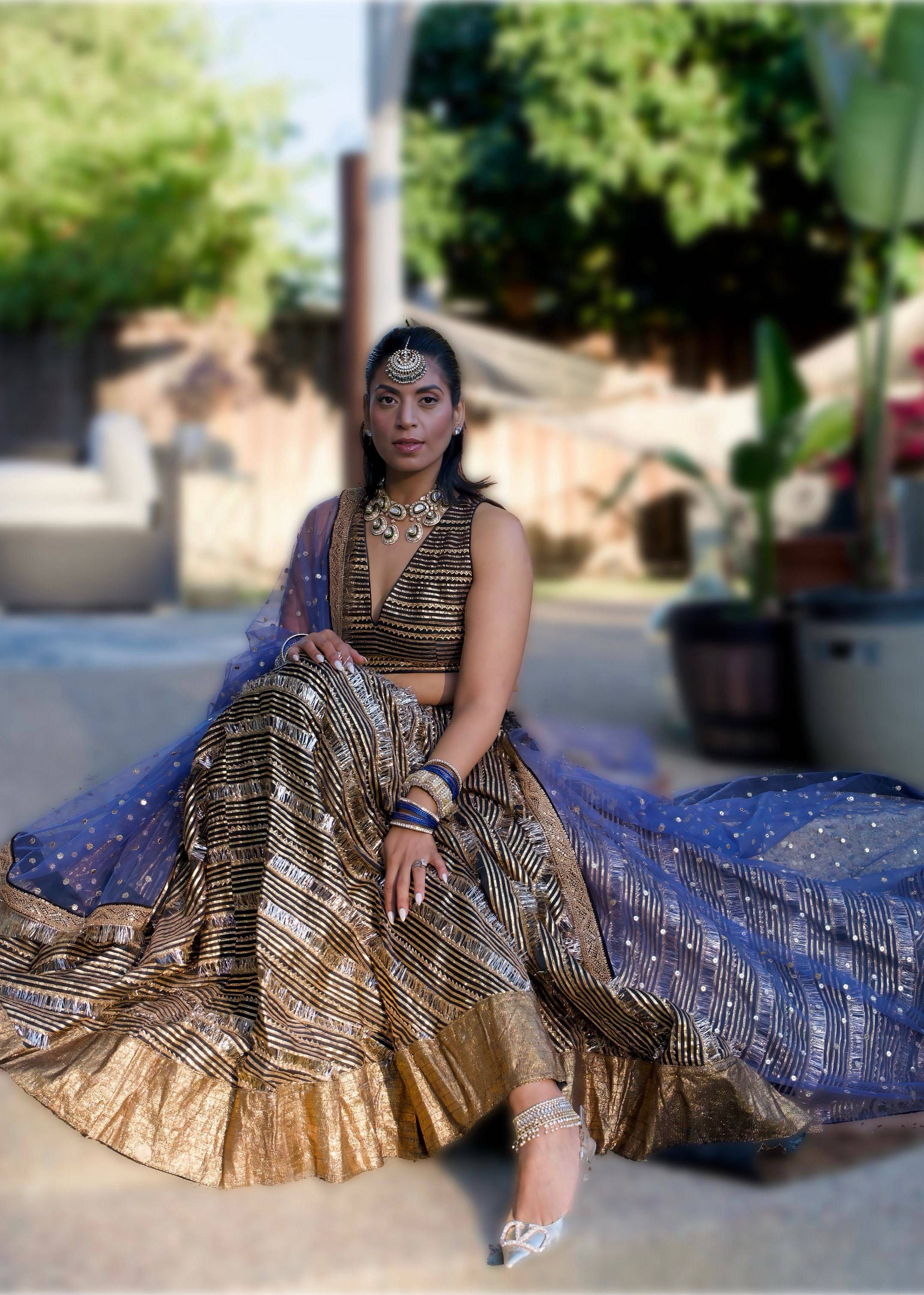 Black and Gold Sequin Lehenga with Blue Dupatta Image - 6