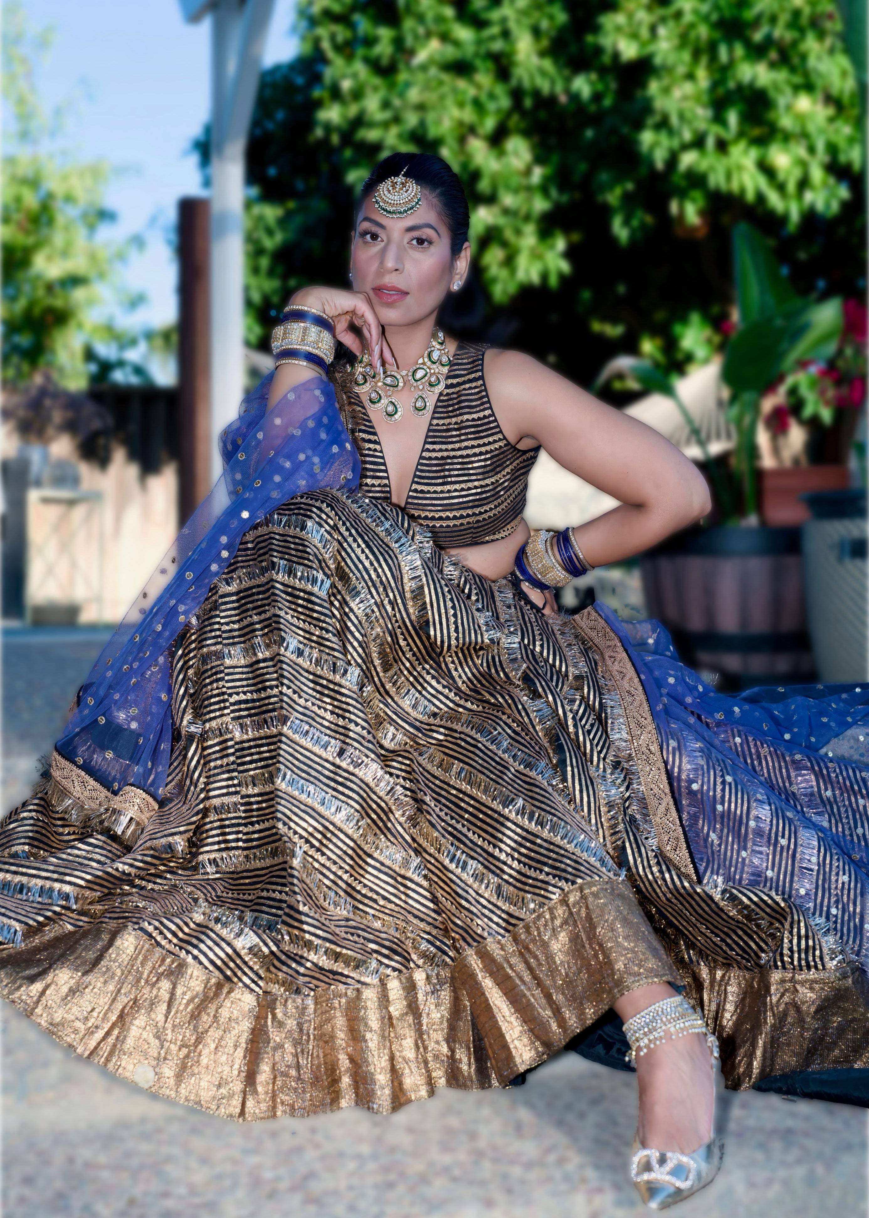 Black and Gold Sequin Lehenga with Blue Dupatta Image - 0