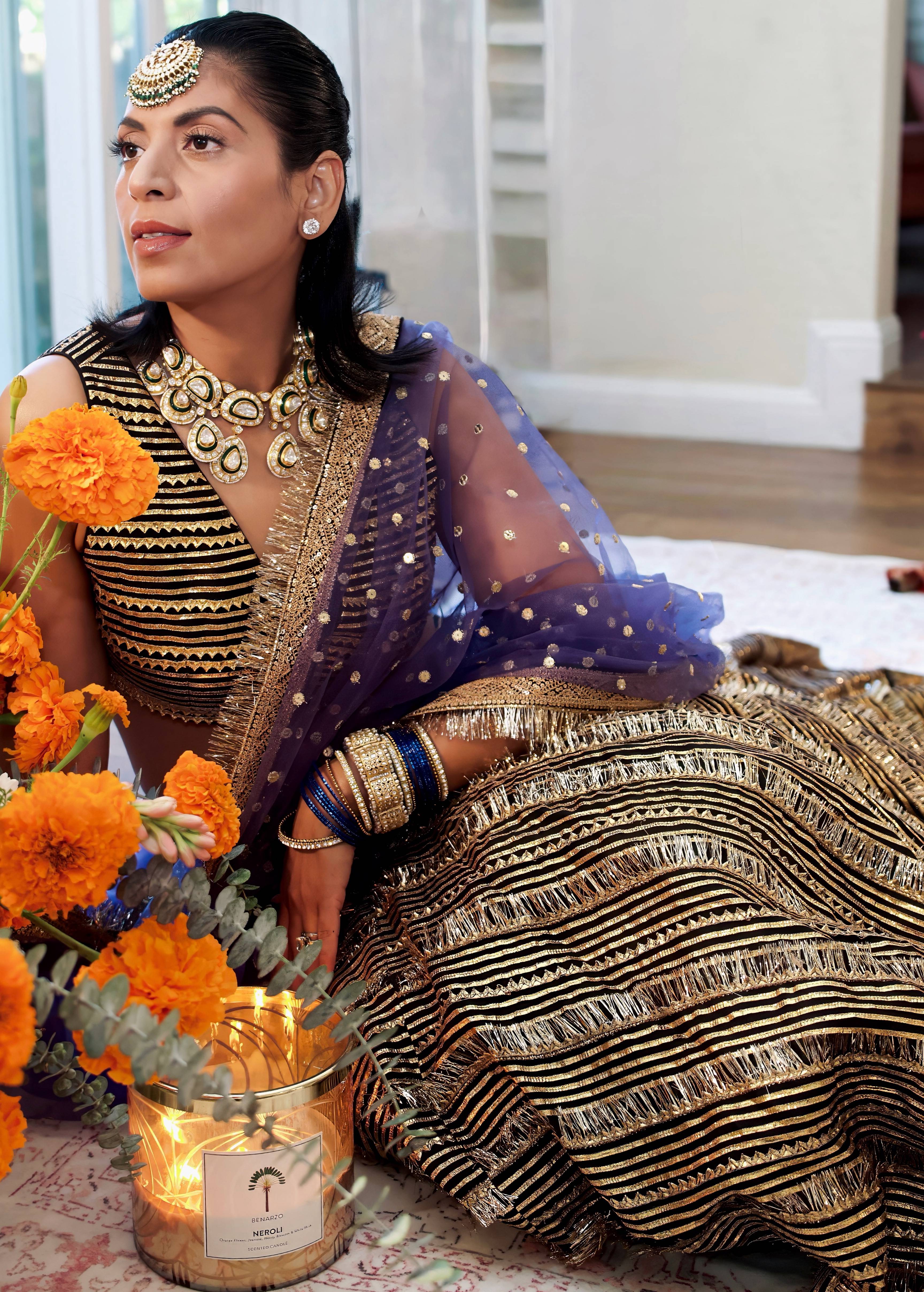 Black and Gold Sequin Lehenga with Blue Dupatta Image - 7